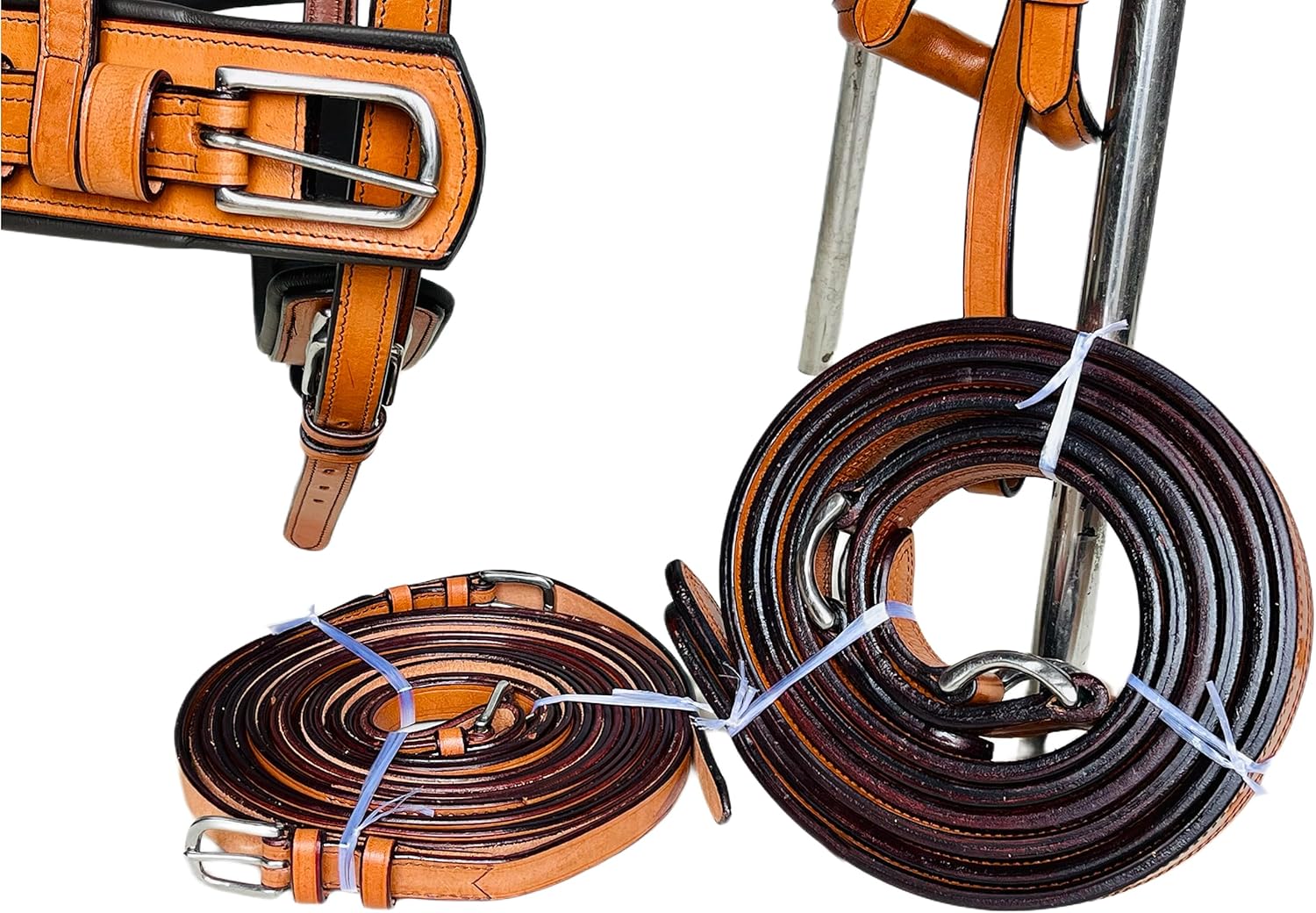 Exclusive 3 Tone Leather Horse Driving Harness for Single Horse Cart with Designer Conchos All Over The Harness | Stainless Steel Hardware | (Mini, Natural/Brown/Turquoise Blue)