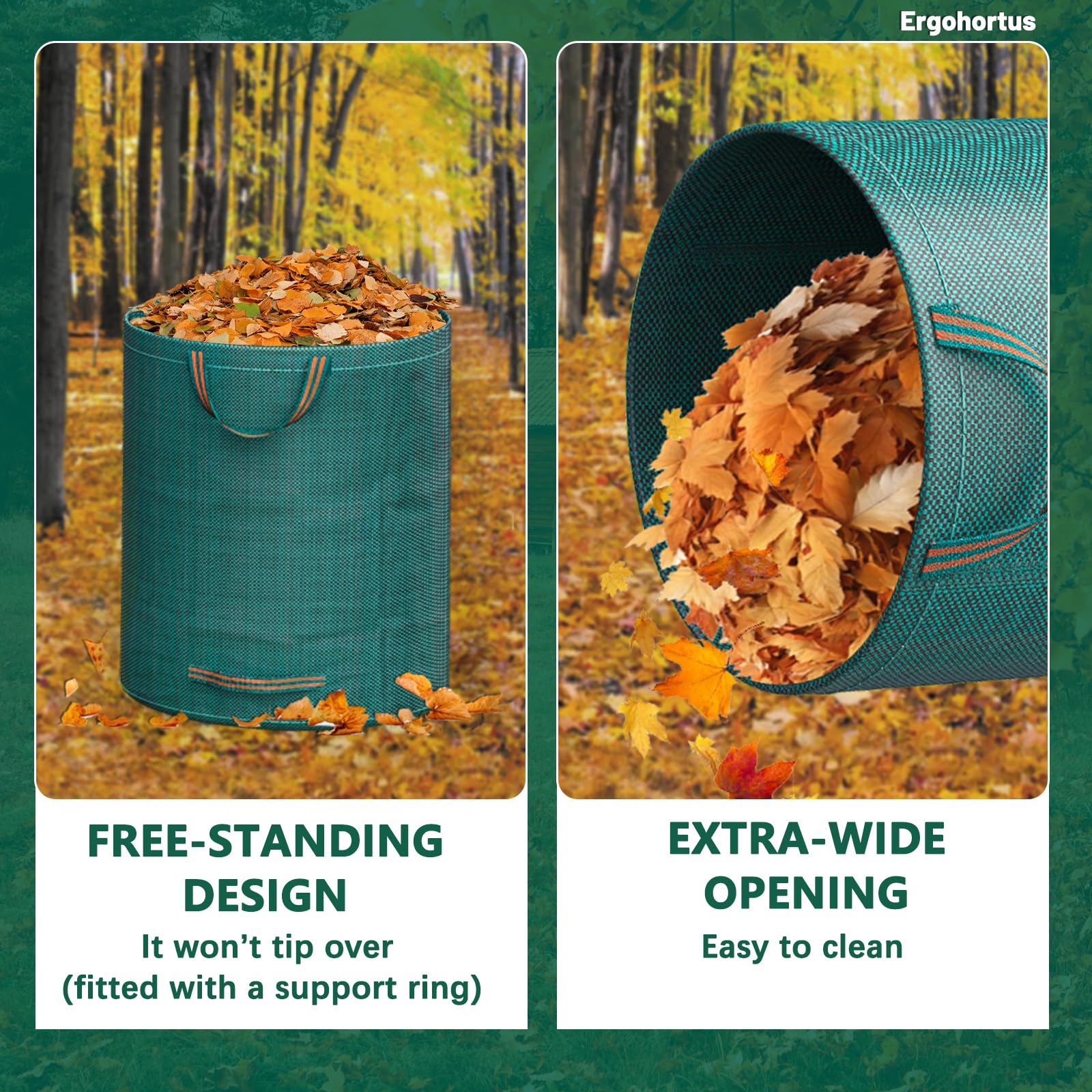 Sac Déchets Verts Résistant Ergohortus – 3x500 L Sacs à Déchets de Jardin Réutilisables avec Poignées, Sacs Végétaux de Jardin Pliables Pour Feuilles et Déchets– Sacs Poubelles de Jardin Imperméables