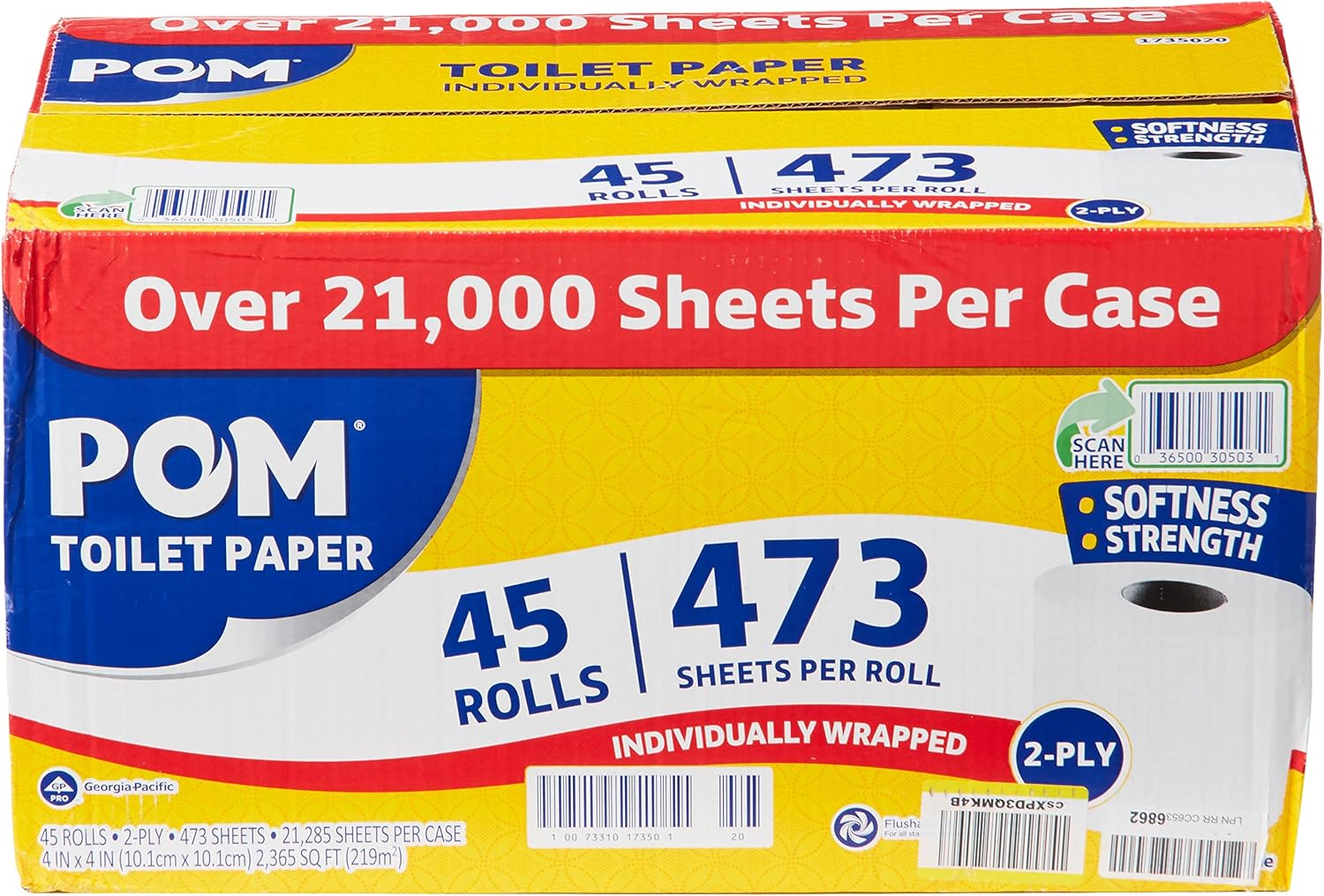 POM Pom Embossed 2-ply Toilet Paper, White, 45 Rolls, 473 Sheets