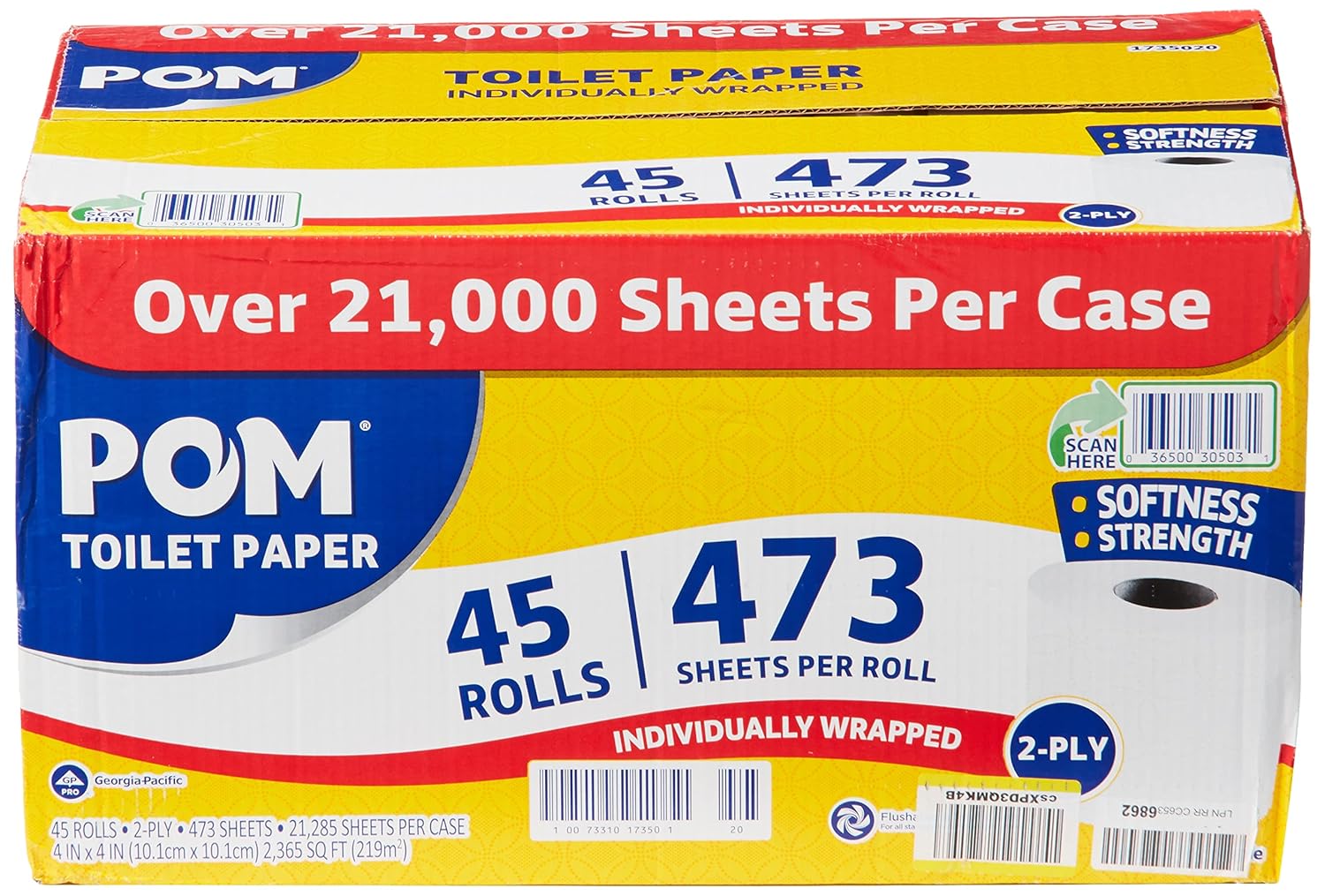POM Pom Embossed 2ply Toilet Paper, White, 45 Rolls, 473 Sheets