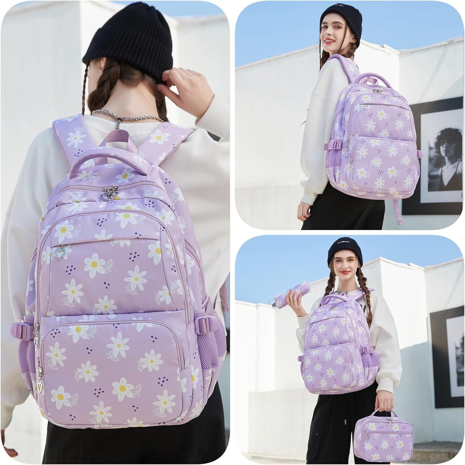 ZHANAO Daisy Backpack for Girls,Bookbag with Lunch Box Kids School Bag Set 3pcs Flower Backpack Set School Daypack - Image 6