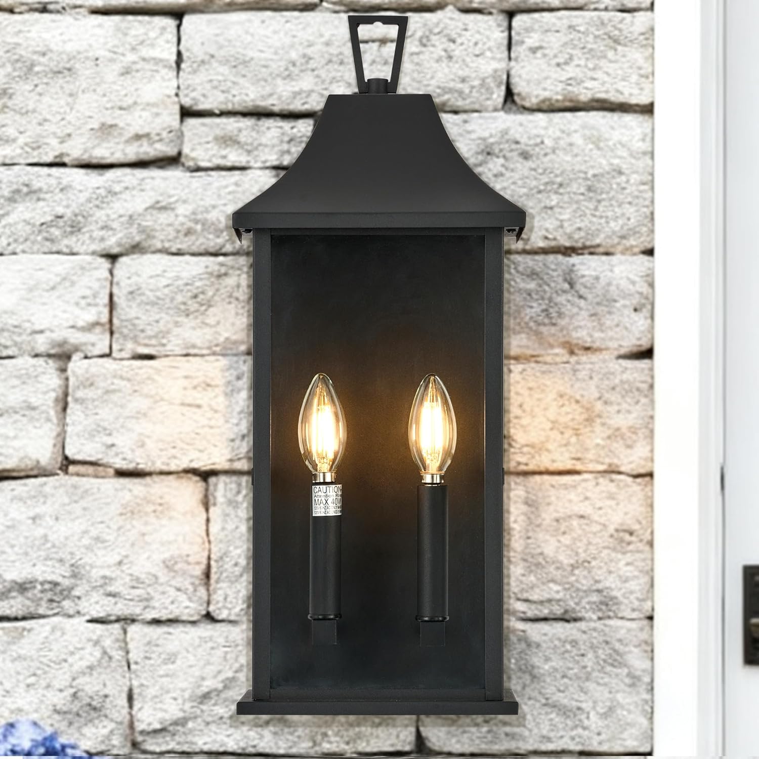 Outdoor Wall Sconce Waterproof Wall Lantern 2-Lights, 20.3" Large Outside Modern Wall Mount Light, Exterior Matte Black Porch Light with Glass for House Patio Garage,Bulbs Not Included
