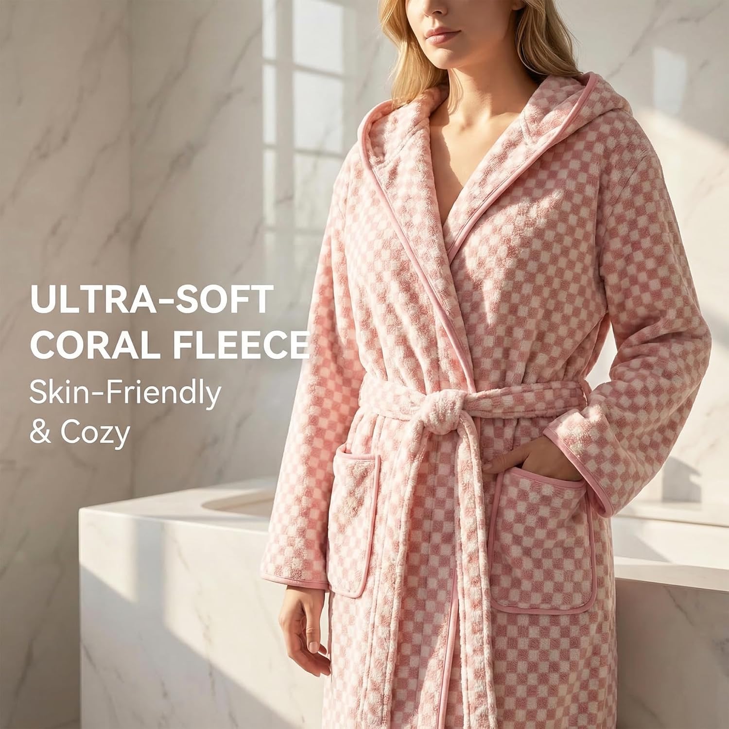 Checkered Hooded Bathrobe for Women, Coral Fleece Quick Dry Soft Absorbent Plush Y2K Robe