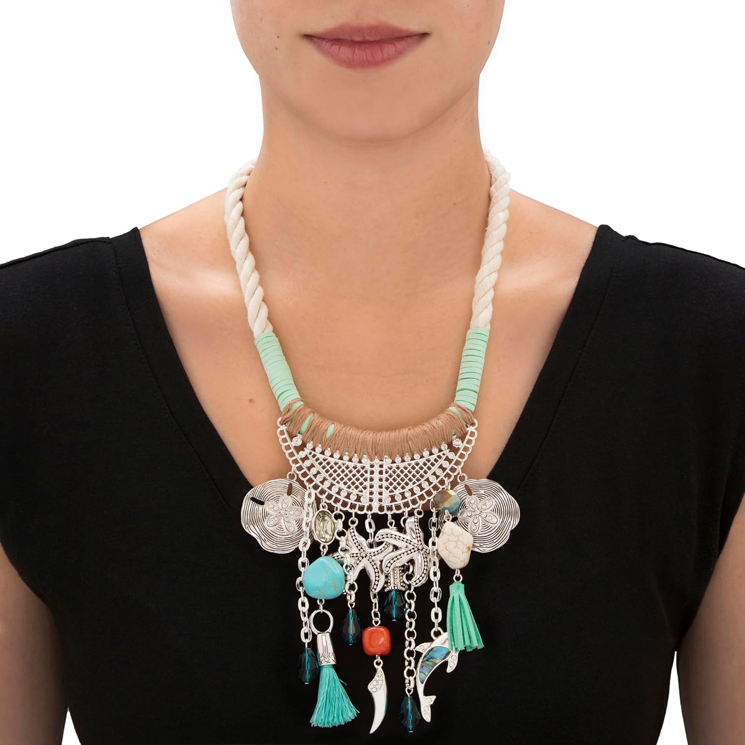 PalmBeach Silver Tone Round Crystal Coastal Beach Themed Corded Bib Necklace, 19 inch plus 2 inch extension