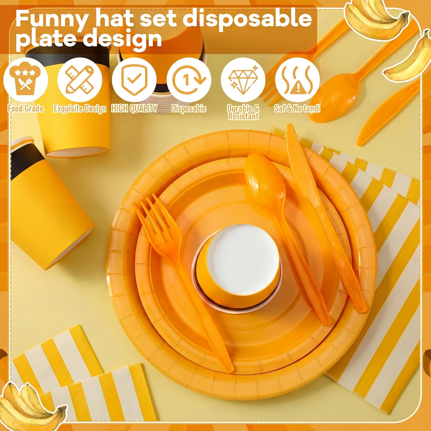 168 Pcs Yellow Hat Theme Birthday Party Supplies for 24 Guest Include Paper Plates Napkins Cups Knives Fork Spoon Disposable Monkey Theme Party Tableware Set for Birthday Baby Shower Wedding
