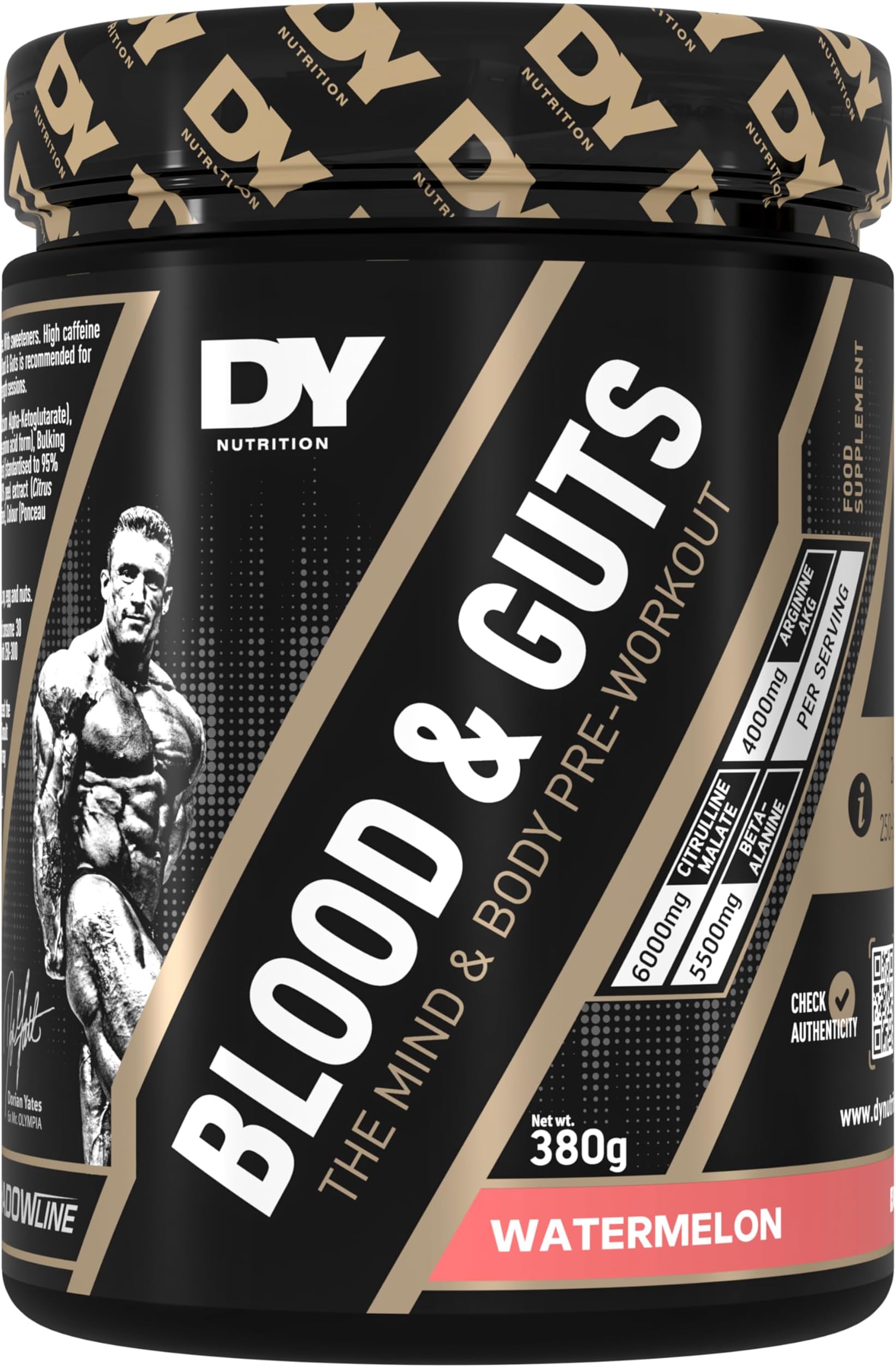 Blood & Guts Pre Workout Powder, 380g - High Strength Preworkout with 350mg Caffeine, Citrulline Malate, Beta Alanine, Arginine AKG, L-Tyrosine, Vitamin B3 for Men & Women (Watermelon)