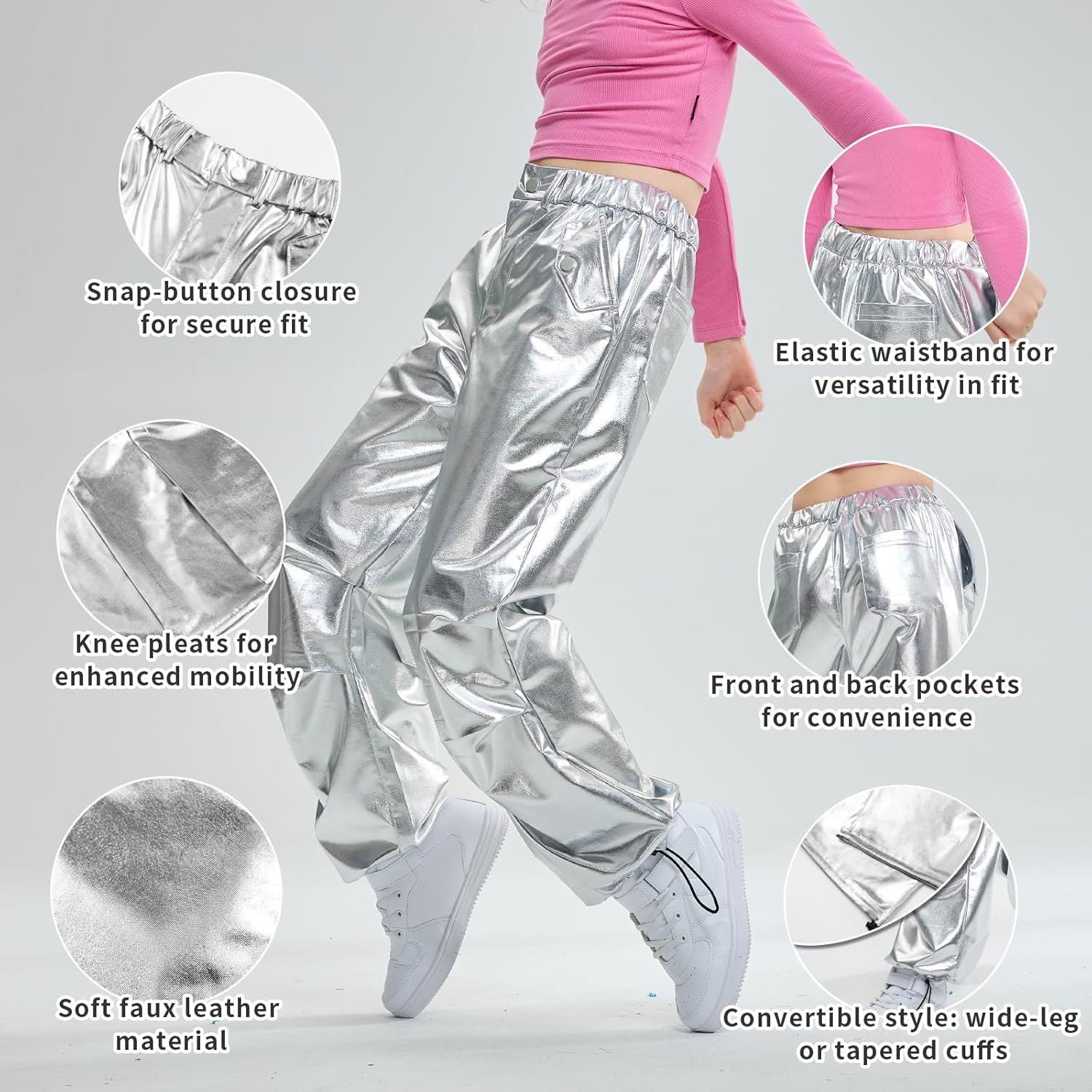 LOLANTA Girls Metallic Jogger Pants, Shiny Jazz Street Hip Hop Dance Pants 7-16, Convertible Leg Opening - Image 4
