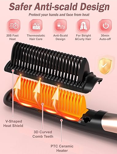 Miniatura 5 de Cepillo alisador de cabello con 6 ajustes de temperatura, alisador de cepillo 2 en 1 para mujeres, calor rápido 20S, peine recto de doble voltaje,