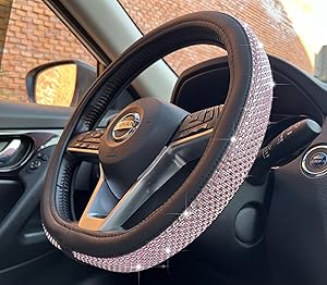 PINCTROT D Shaped Bling Comfy Steering Wheel Cover with Jumbo Crystal Rhinestones, Anti-Slip Diamond Leather, Flat Bottom 14.5-15 Inch (Pink)