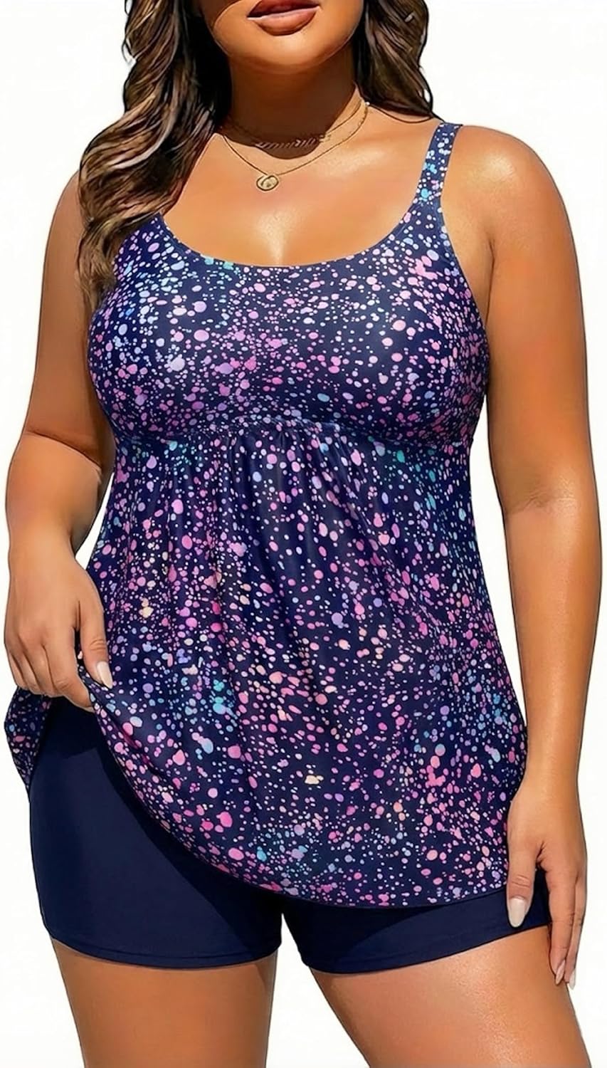 Holipick Plus Size 2 Piece Swimsuit - Women Tankini Bathing Suits Flowy Swim Top with Boy Shorts