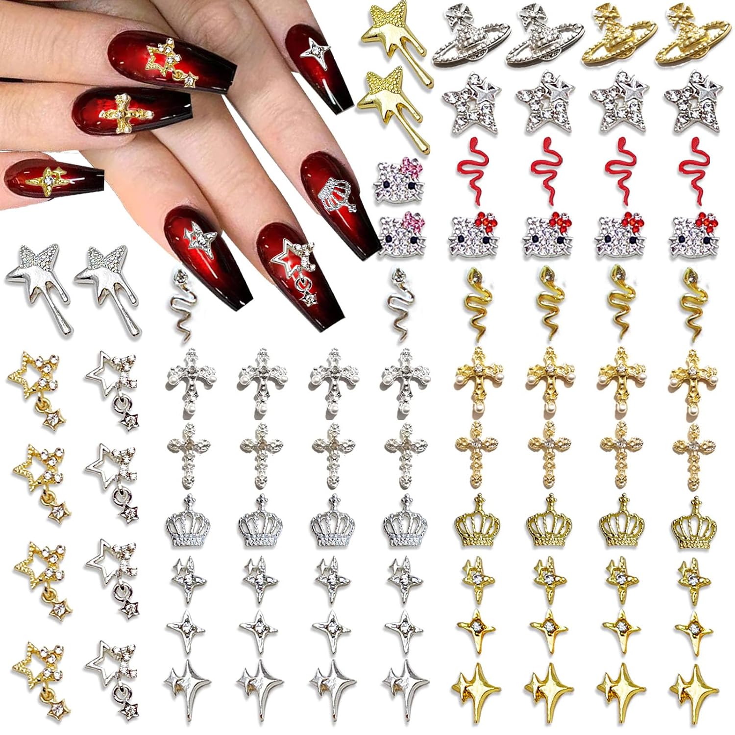 88 Pcs Gold and Silver Nail Charms, 3D Zircon Alloy Cross Charms for Nails, Snake Star Crown and Kitty Cat Planet Nail Gems for Women & Girls, Metal Nail Studs Jewel Accessories for DIY Nail Art