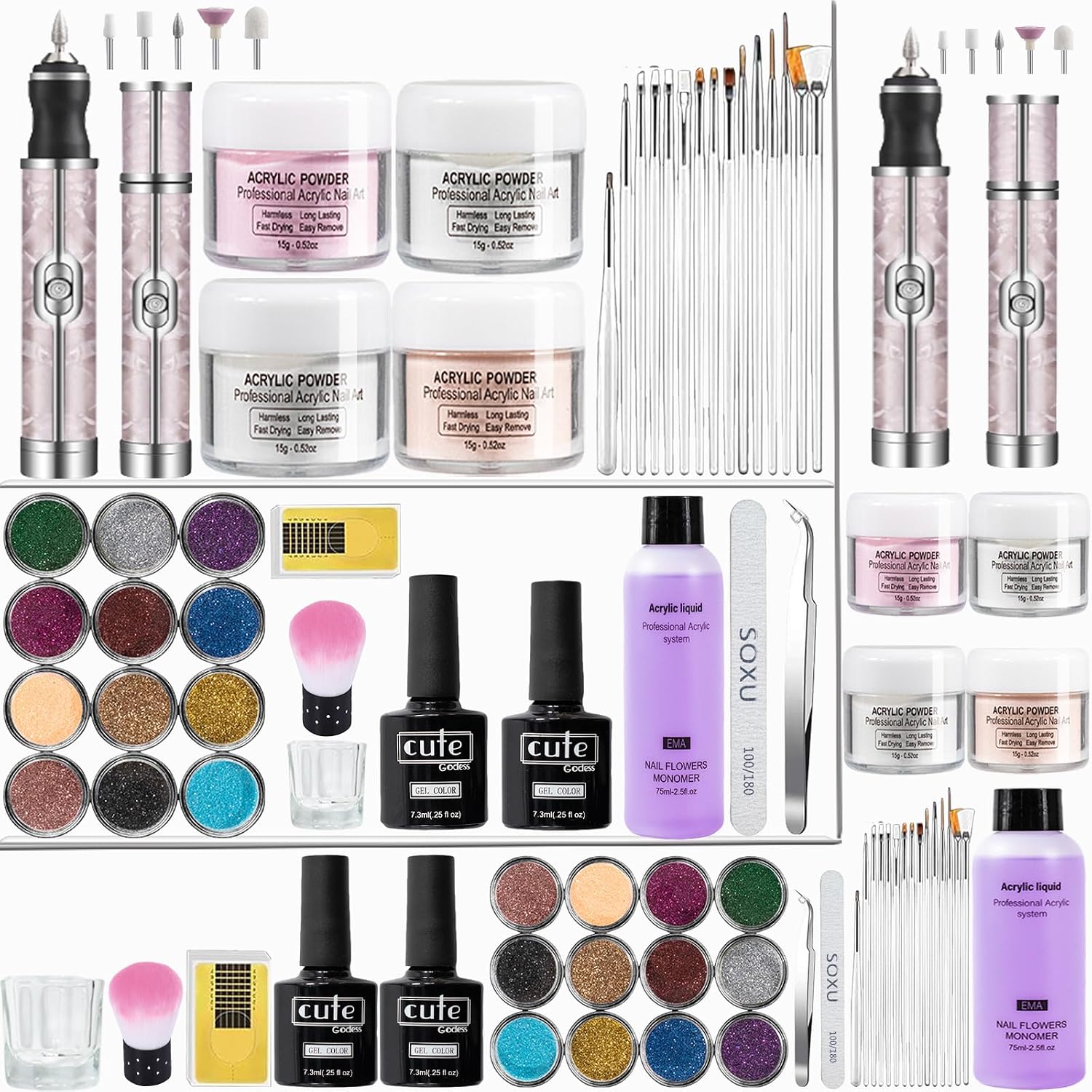 Acrylic Nail Kit Electric Nail File - 4 Colors Acrylic Powder and 75ml Acrylic Liquid Polygel Nail Kit - Nail Drill Gel x Nail Extension Kit