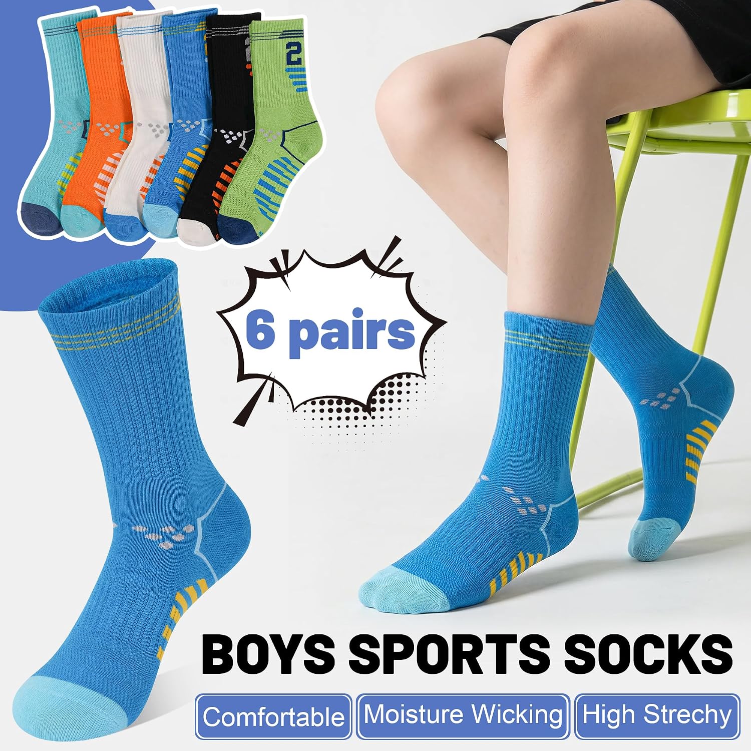ELUTONG Boys Basketball Socks 6 Pairs Athletic Outdoor Sports Soccer Hiking Training Long Socks,Multicolor