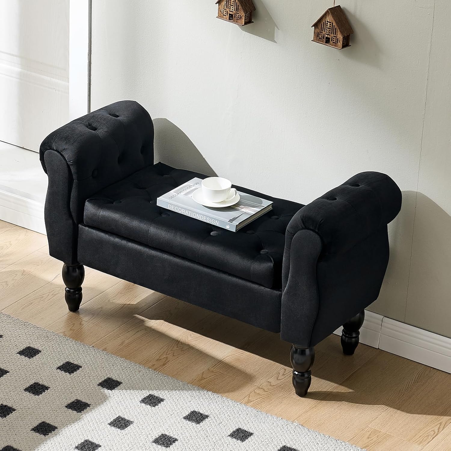 Storage Bench for End of Bed Bedroom, 39.7" Modern Ottoman Bench with Arms and Wood Legs, Upholstered Velvet Button Tufted Entryway Bench with Storage Window Bench for Living Room, Black