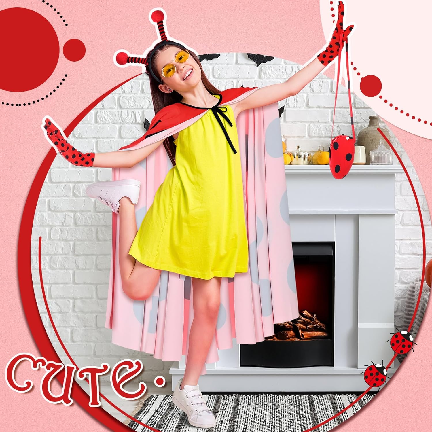 Mepase 5 Pcs Ladybug Costume Set for Women Ladybug Outfits Included Headband Gloves Earrings Bag and Cloak Halloween Birthday Party Cosplay Outfit Clothes - Image 4