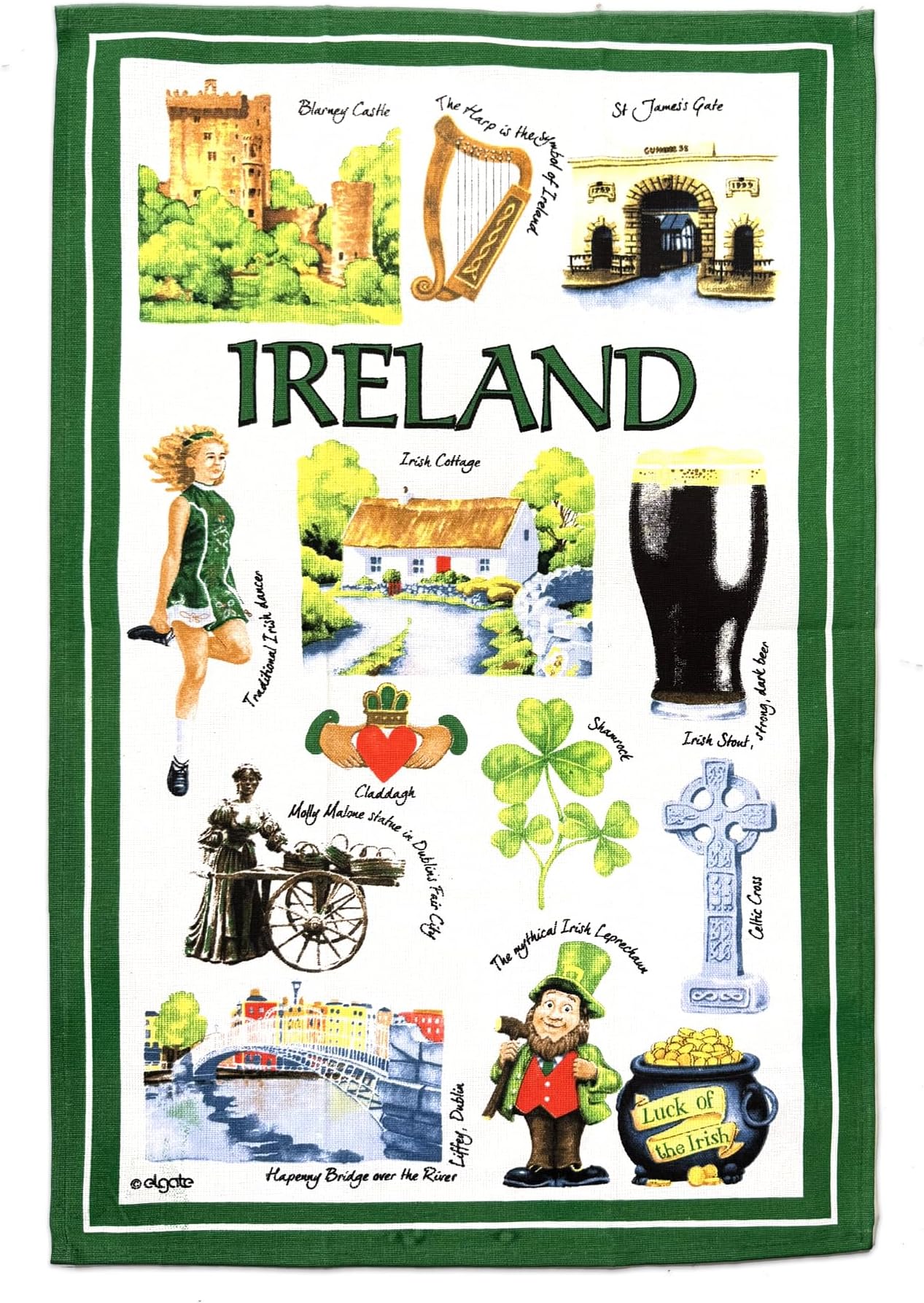 Iconic Ireland Tea Towel Souvenir Gift Green Irish Scenes Leprechaun Collage