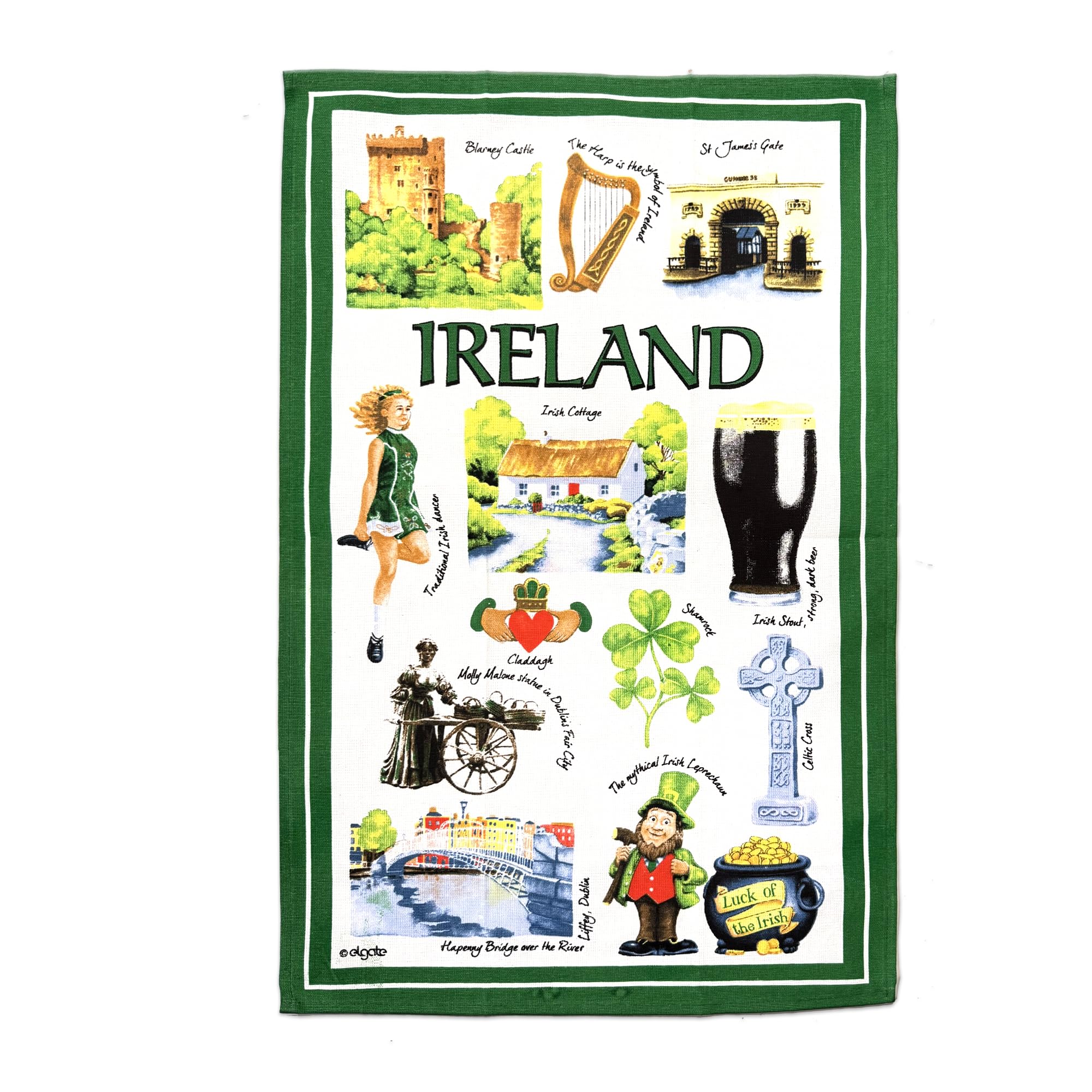 Iconic Ireland Tea Towel Souvenir Gift Green Irish Scenes Leprechaun Collage