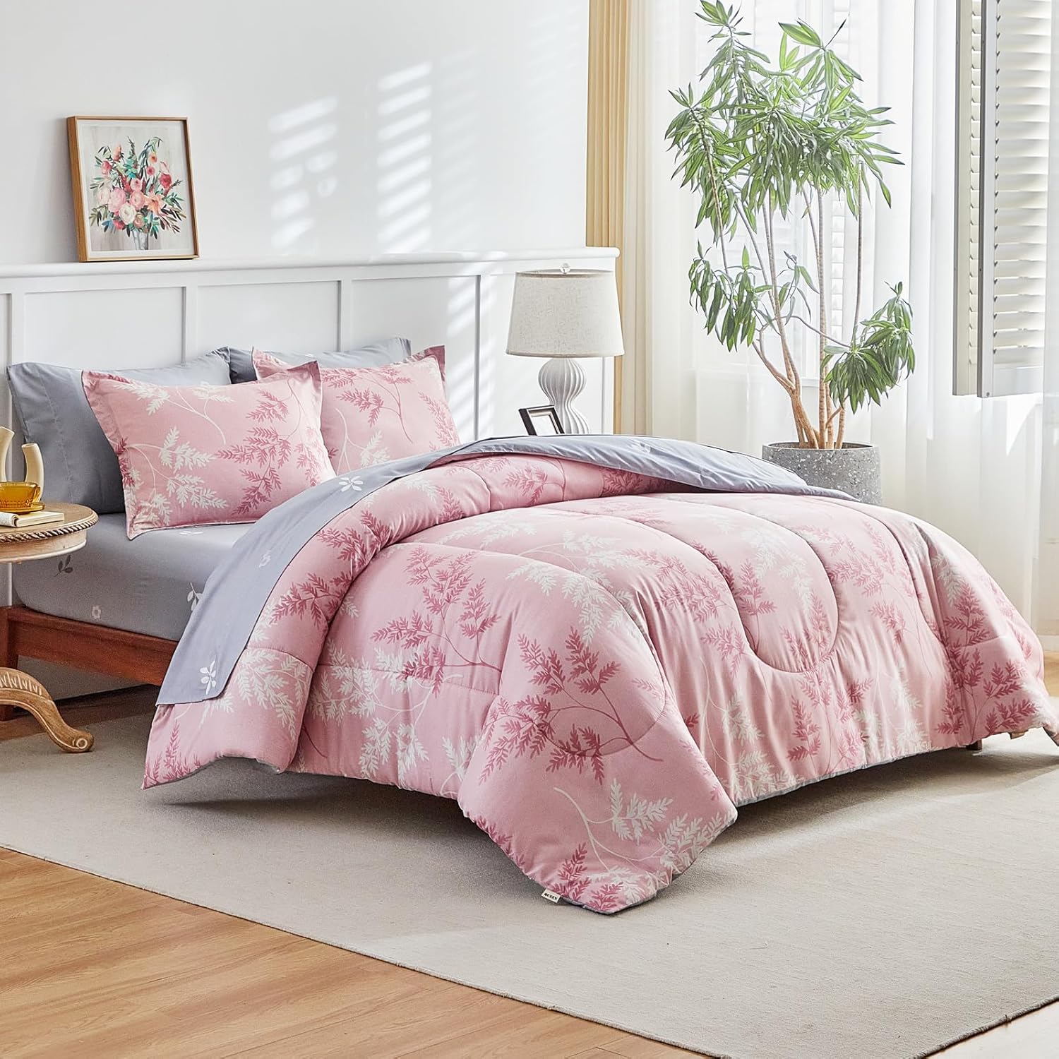 AIKASY Pink King Comforter Set with Sheets,Bed in a Bag 7-Pieces,Palm Tree Totem Printing Design,Ultra Soft Down Alternative All Season Bedding Set(King, Pink) - Image 2