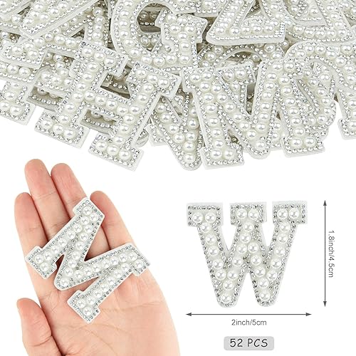 Miniatura 2 de Morcheiong 52 parches de letras con diamantes de imitación de perlas autoadhesivos A-Z, parches de letras de perlas para ropa, tela, mochila (blanco)