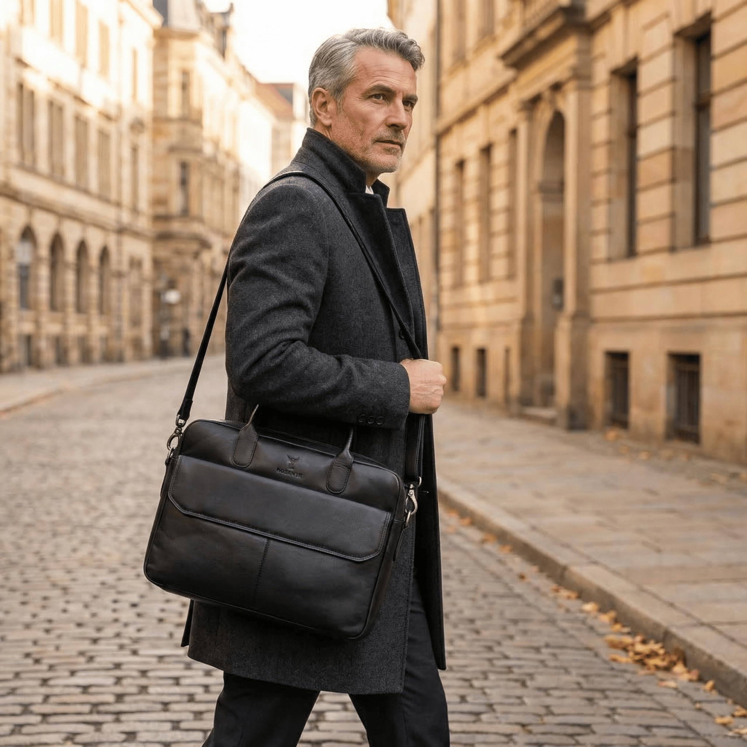Hörner Düsseldorf Businesstasche Echtleder – Schwarz | Laptoptasche bis 16″, 44×33×10 cm | 2 Hauptfächer, viele Innenfächer, professioneller Organizer