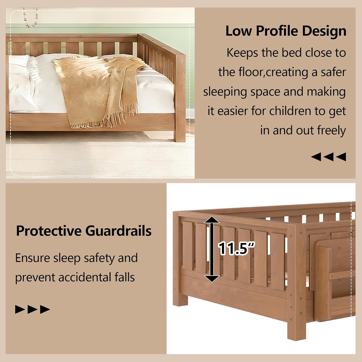 Bellemave Queen Size Kids Montessori Floor Bed Frame with Bookshelf and Guardrail,Solid Wood Floor Bed Frame with Slats for Girls Boys,Low-Profile,Natural