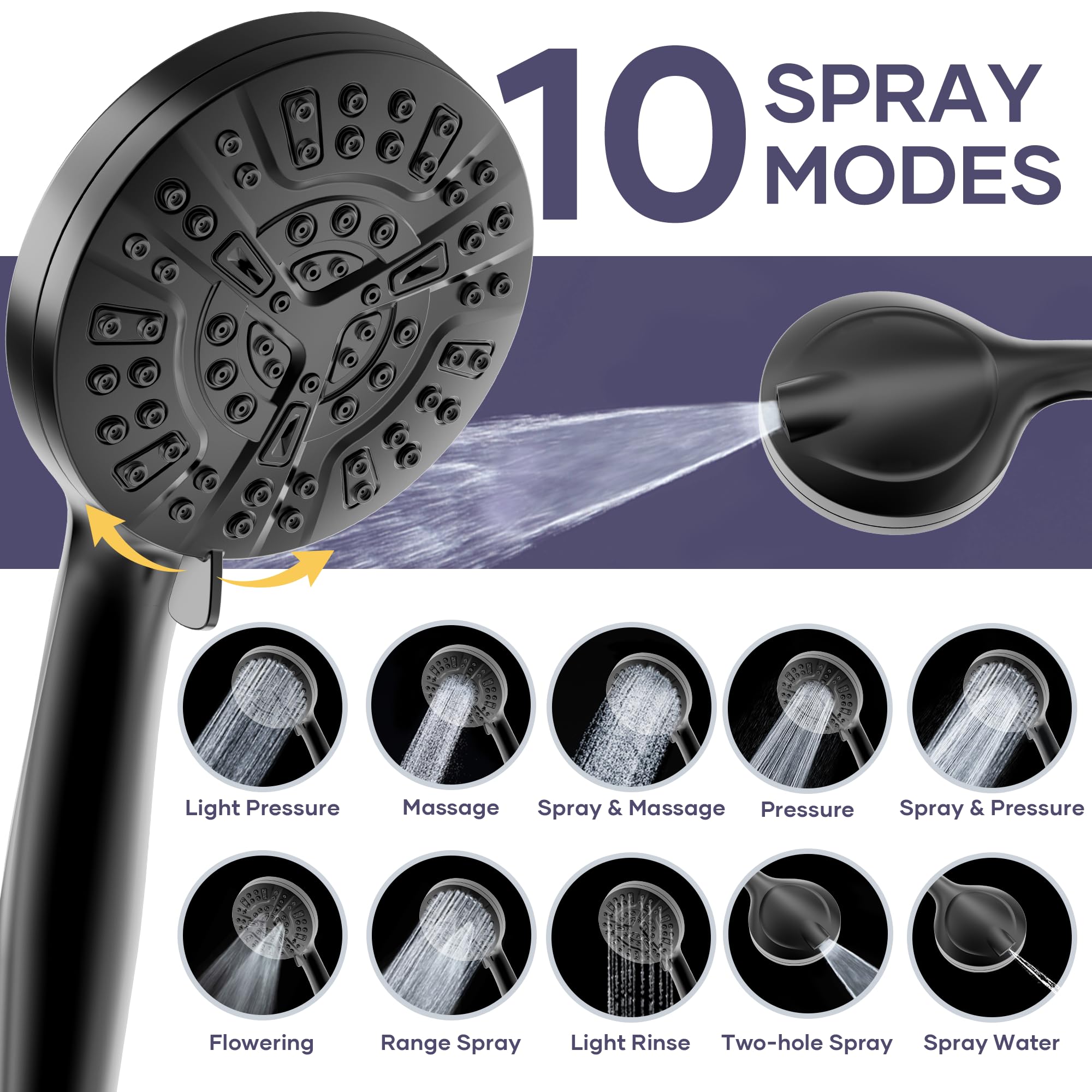 Soffione doccia filtrato con combinazione di spray portatile, soffione doccia a pioggia ad alta pressione con 10 modalità di spruzzo, doppio soffione doccia per acqua dura, soffione doccia rimovibile