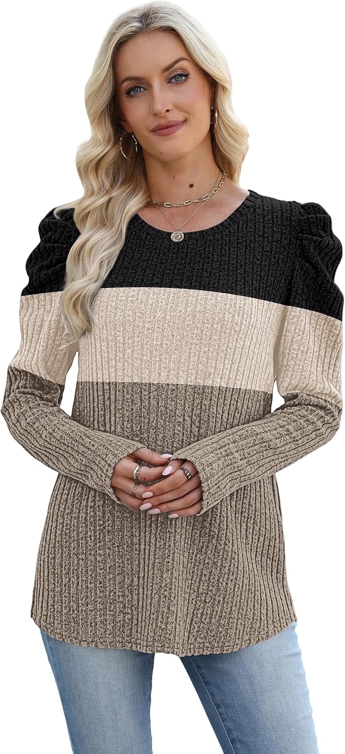 WIHOLL Fall Outfits for Women Puff Long Sleeve Shirts Lightweight Sweaters | Fashion Clothing,Winter Clothes,School Teacher Outfits,Tunic Tops,Crewneck Shirts,Business Casual