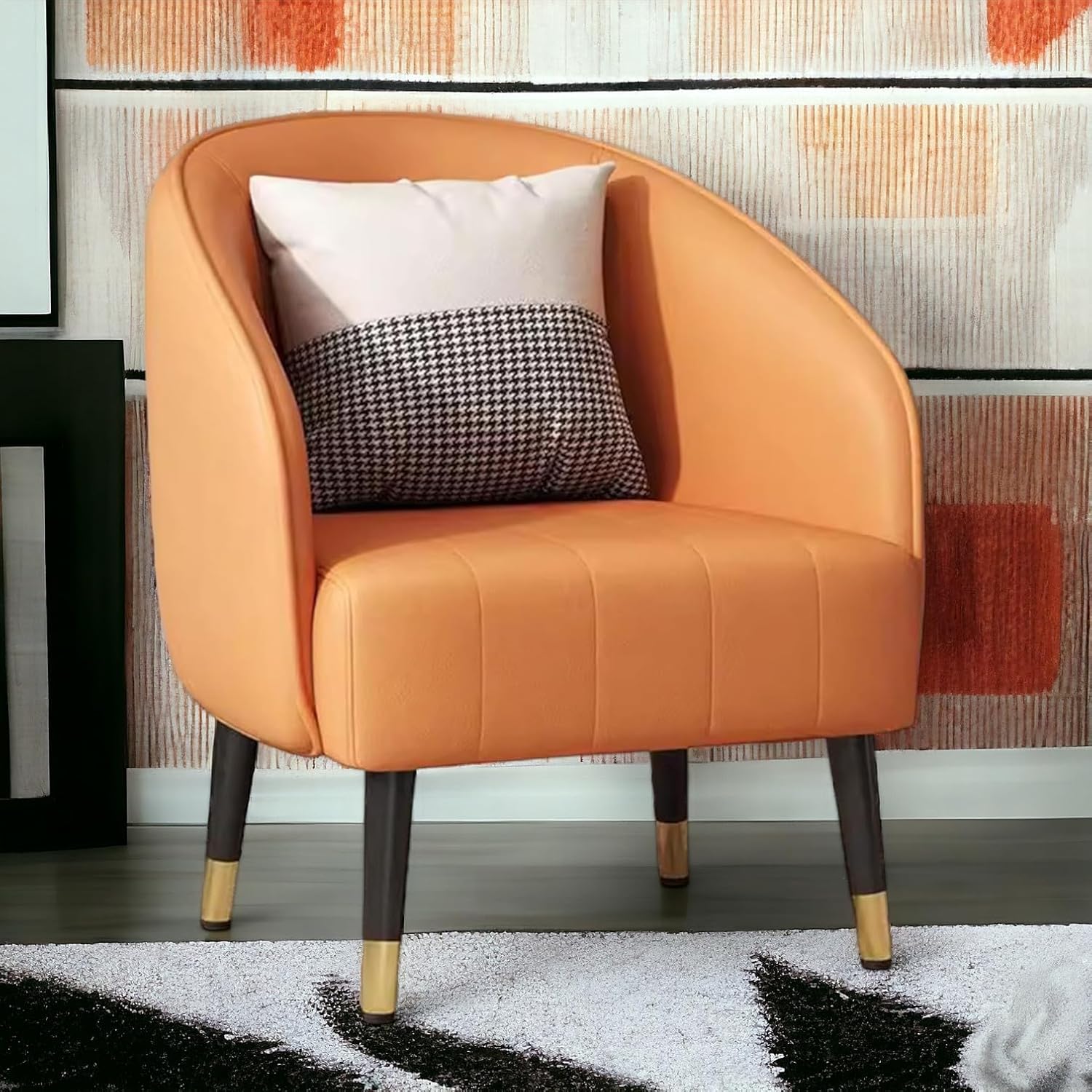 HAVEN CRAFT- Accent Chair, High Back Wing Design with Houndstooth Cushion, Gold-Tipped Legs, Chair for Livingroom, Guestroom, Office. (Full Orange)-image-0