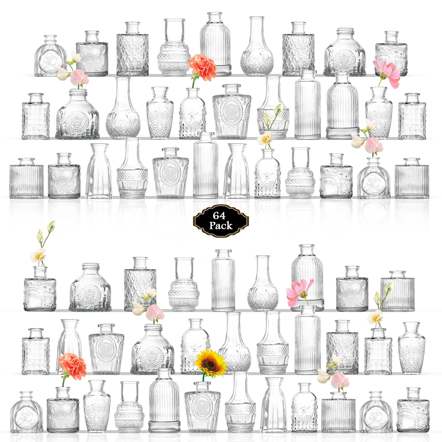 Bud Vasen in Bulk 64, Glasvasen für Tafelaufsätze, kleine Vasen für Blumen, kleine Blumenvase für Tafelaufsätze, Mini-Vintage-Vase, klare Knospenvasen für Hochzeitstischdekoration