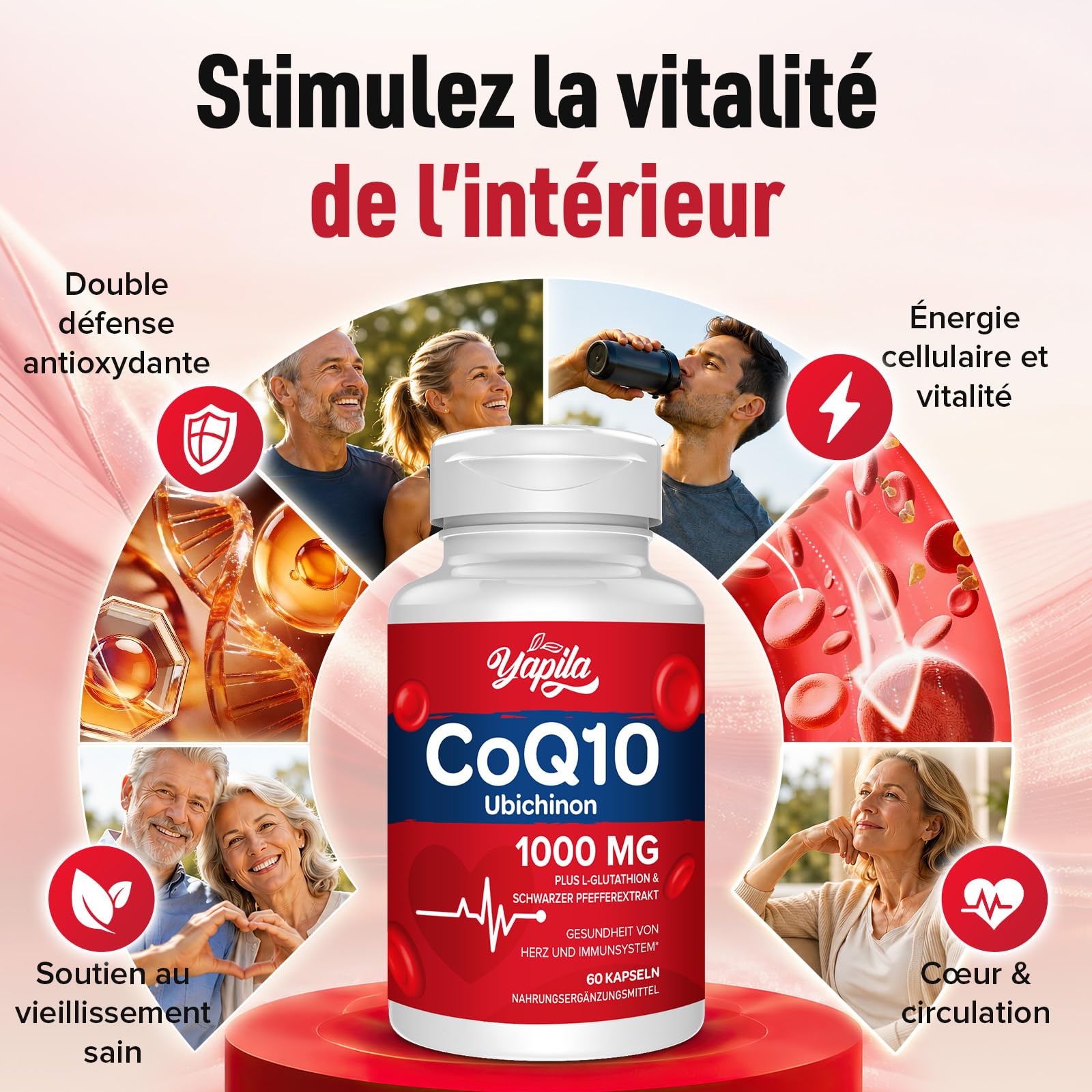 CoQ10 avec L-Glutathion 1000mg Gélules - 100% Coenzyme Q10 Fermentée, Q10 Coenzyme Hautement Dosée, Antioxydant Co Enzyme Q 10, Sans Soja, Sans Gluten,Végétalien