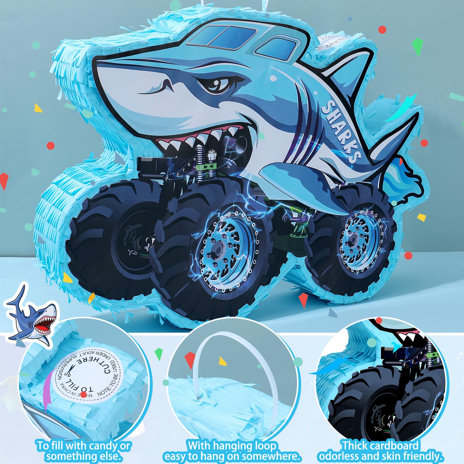 Piñata Shark Truck - Piñata de camión monstruo con venda para los ojos y murciélago para fiestas de cumpleaños, piñata de camión monstruo para decoraciones temáticas de 16 x 12 x 3 pulgadas