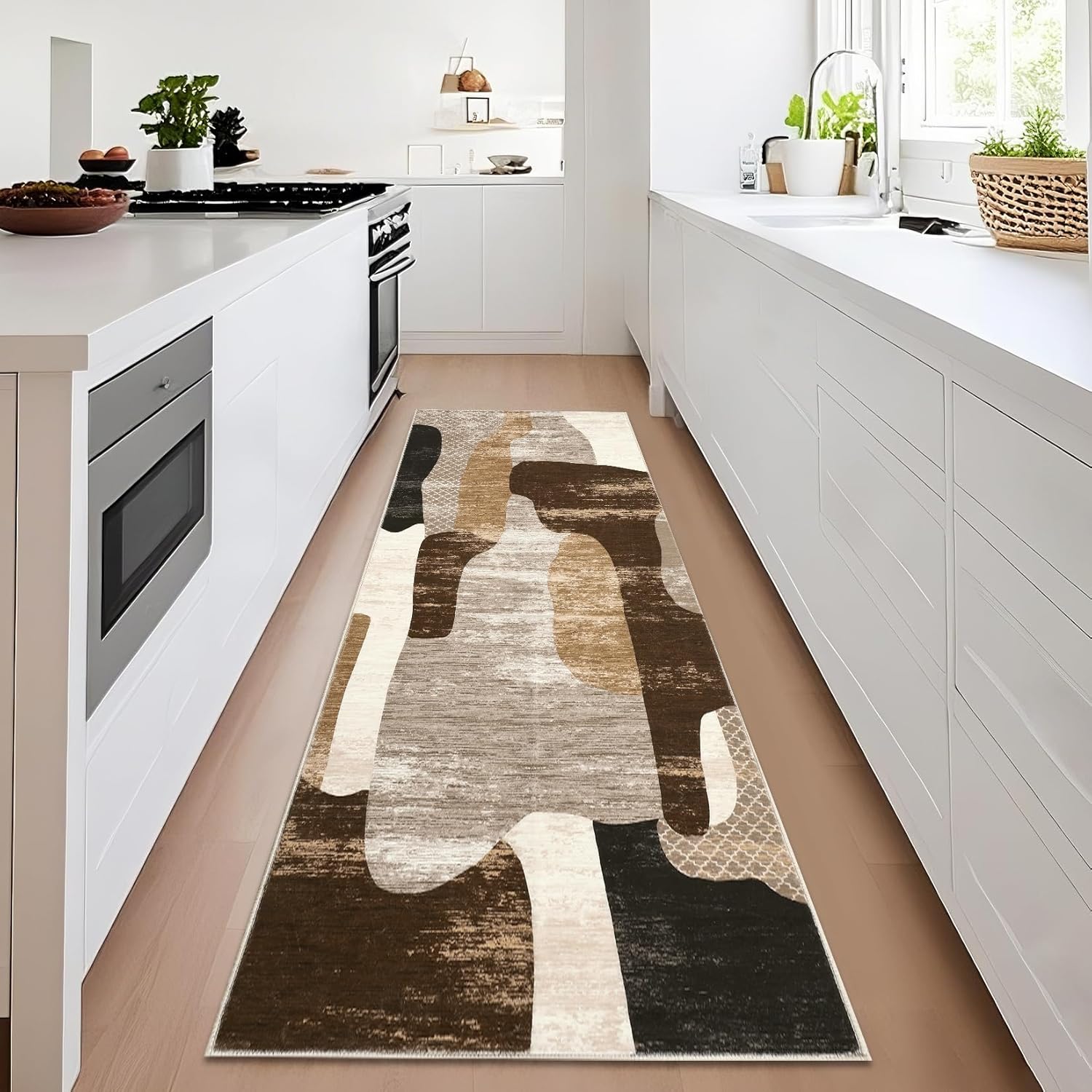 COZYLOOM Narrow Long Hallway Rugs 2x6 Abstract Print Runner Rugs with Non-Slip Backing, Ultra-Soft Faux Wool Accent Carpet, Non-Shedding Low Pile Indoor Floor Mats for Kitchen, Bedroom, Brown