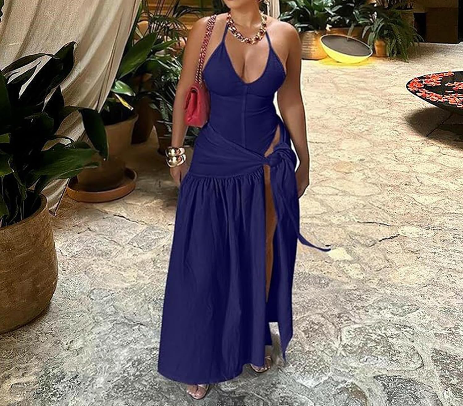 2 Piece Outfits for Women Sexy Maxi Skirt Set Summer Halter Backless Tops Wrap Skirt Beach Vacation Outfits - Image 3