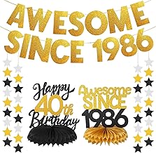 40th Birthday Decorations Set,Awesome Since 1986 Glitter Banner for Men Women,Black Gold Happy 40th Birthday, Forty Year Old Bday Table Honeycomb Centerpieces for Party Decoration Supplies