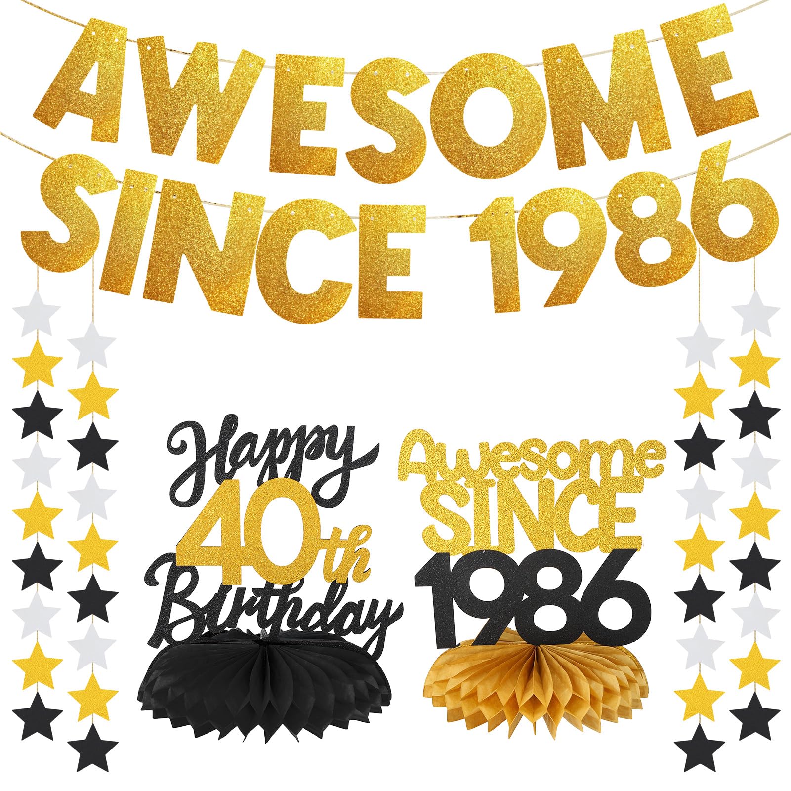 GSrenyu 40th Birthday Decorations Set,Awesome Since 1986 Glitter Banner for Men Women,Black Gold Happy 40th Birthday, Forty Year Old Bday Table Honeycomb Centerpieces for Party Decoration Supplies