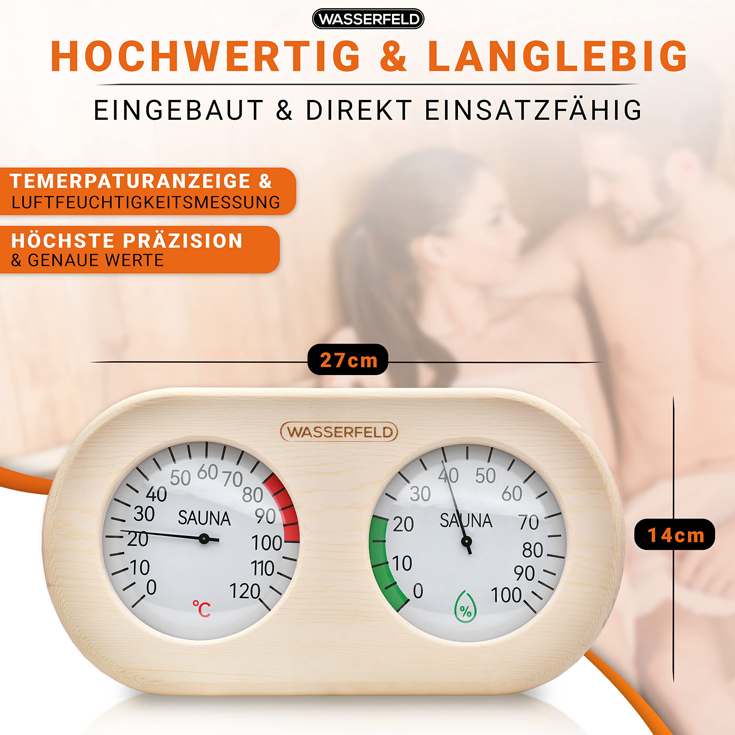 WASSERFELD® Thermomètre hygromètre de sauna [fonction 2 en 1] Thermomètre de sauna précis pour une mesure précise de la température et de l'humidité – Hygromètre avec verre trempé – Accessoires de