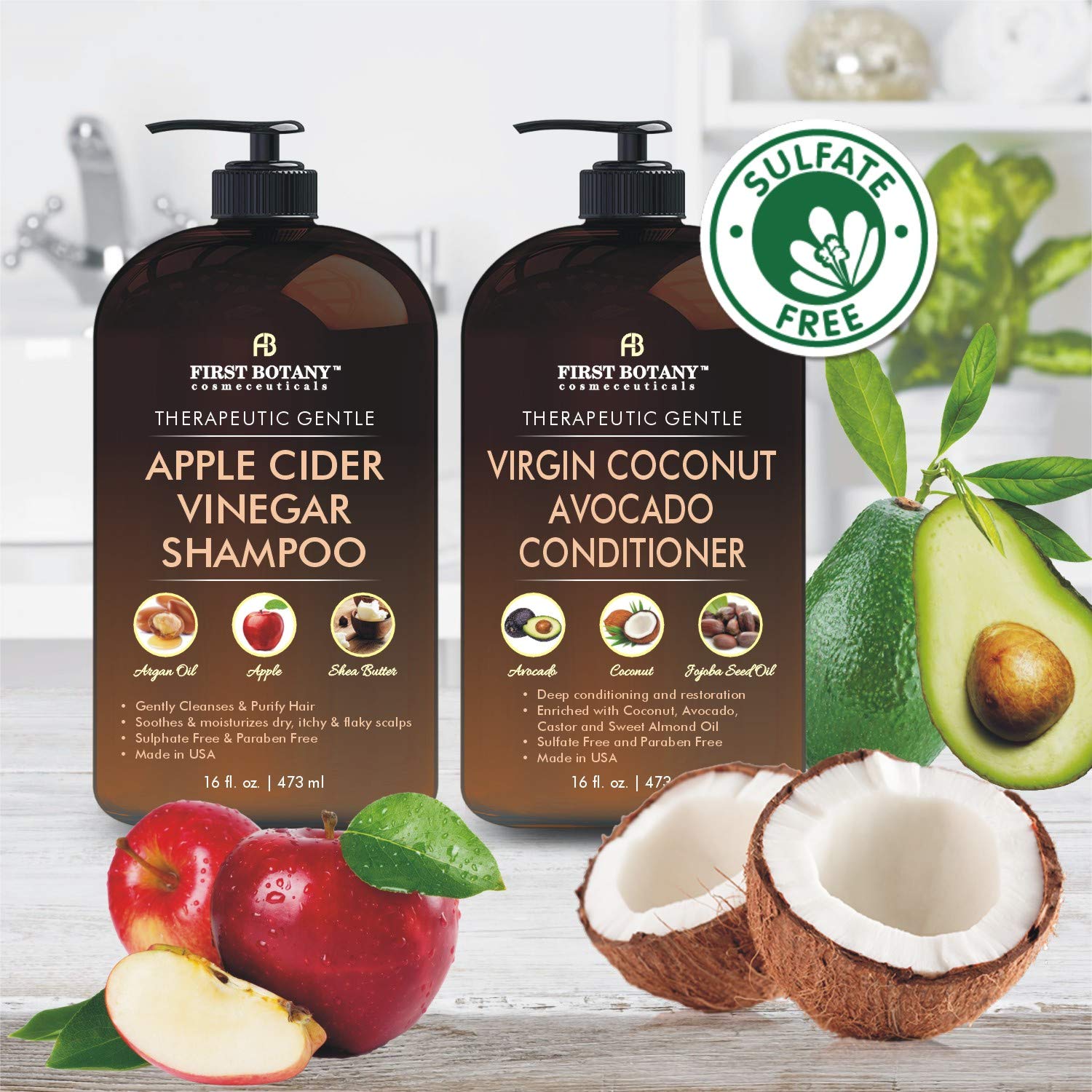 Apple Cider Vinegar Shampoo & Avocado Coconut Conditioner Set - Increase Shine & Reduces Itchy Scalp, Dandruff, Prevents Hair loss - Sulfate Free, All Hair Types - 2 X 16 fl oz
