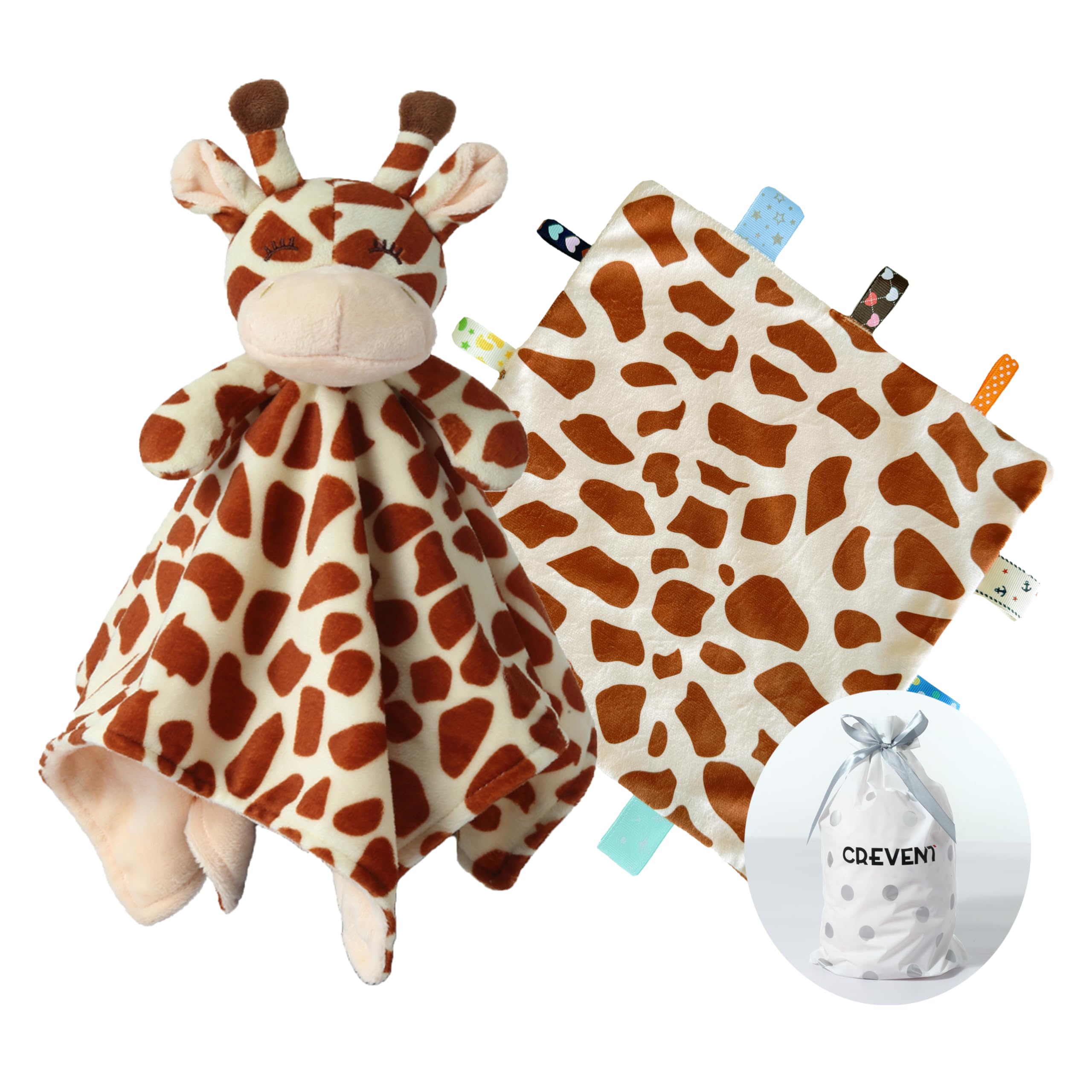 CREVENT Cozy Plush Baby Security Blanket, Loveys for Baby Girls and Boys, Birthday (Giraffe + Dot Tag)