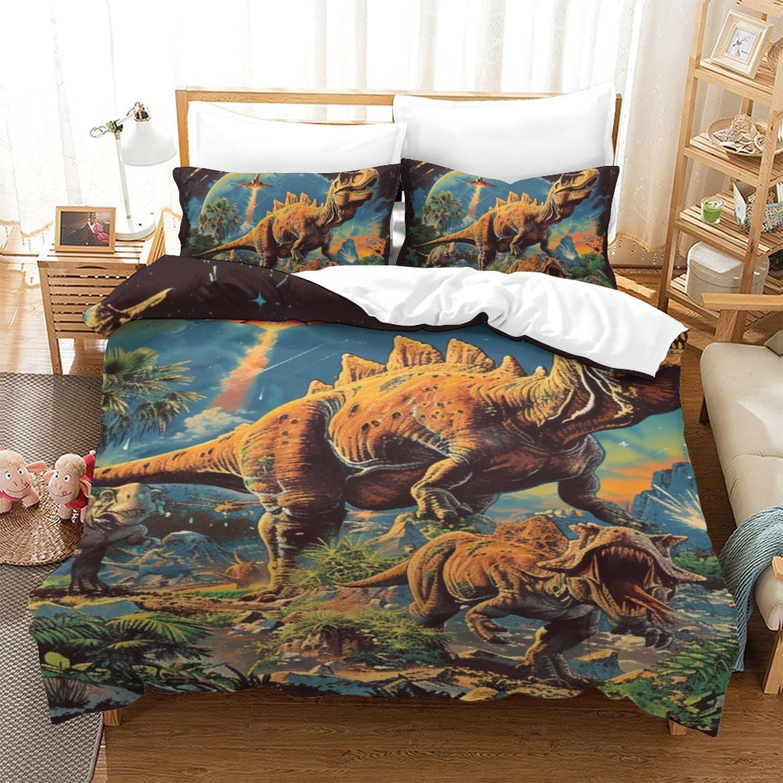 Housses de couettes 3 pièces dinosaure 140x200 parure de lit microfibre