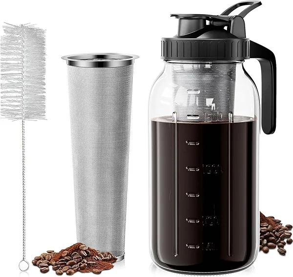 VA1KENE Cold Brew Coffee Maker 64oz, Iced Coffee Maker with 304 Stainless Steel Filter, Mason Jar Pitcher with Lid and Spout (Black)
