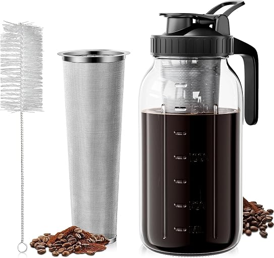 Cold Brew Coffee Maker 64oz, Iced Coffee Maker with 304 Stainless Steel Filter, Mason Jar Pitcher with Lid and Spout (Black)
