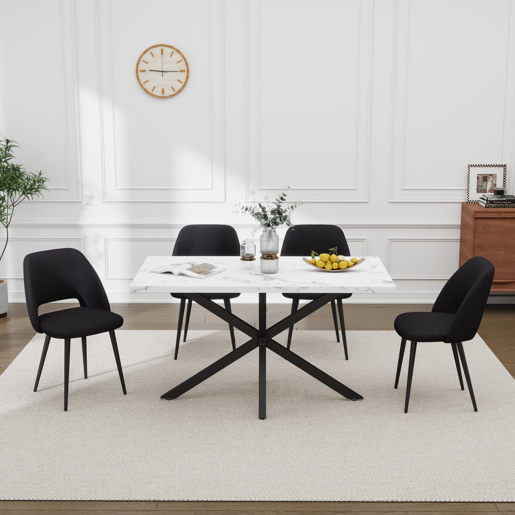 Esstisch und Stuhlset, 140 * 80 * 75 cm Rechteck MDF Esstisch, 4 Gepolsterte Küchenstühle aus Cord mit Hohlrückenlehne, für Esszimmer, Wohnzimmer, Küche (Marmormuster + Schwarz)