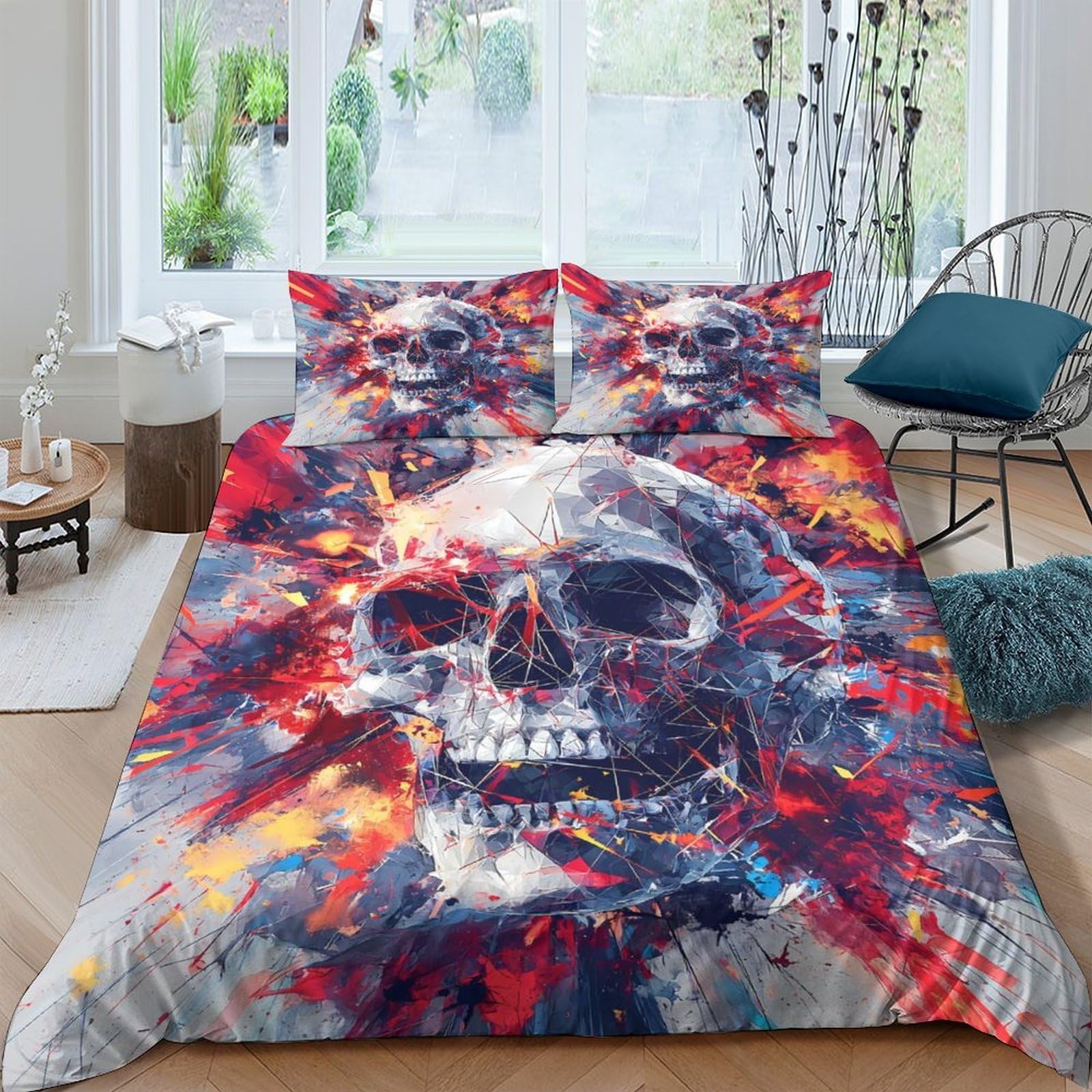 Ctjqhvkz Style-7 3D Printed Skull Art Fitted Sheet Microfiber Vibrant Red Blue Flames Mattress Cover For Bedroom Dorm Decor Protection Single（135X200cm）