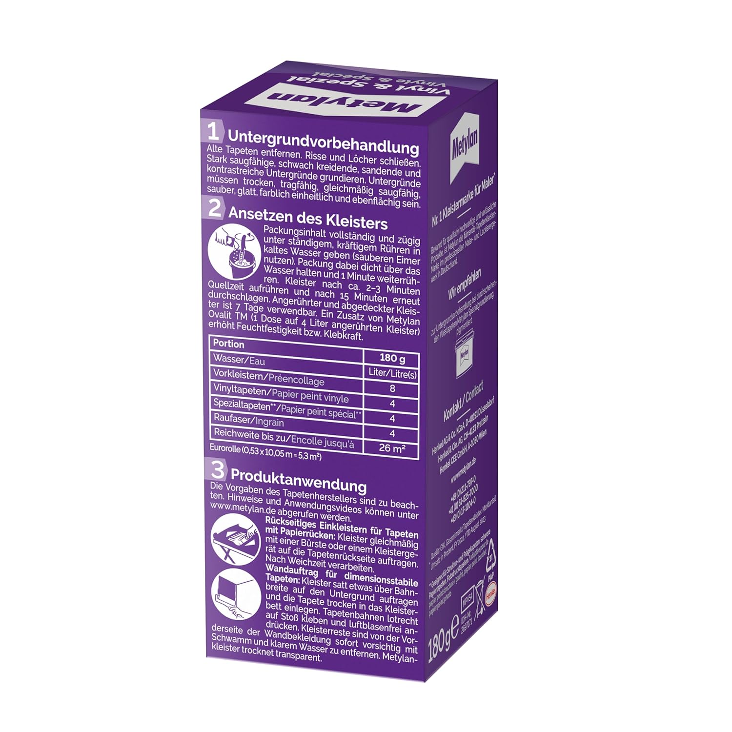 Metylan Vinyl and Special, Wallpaper Paste for Textured, Embossing and Vinyl Wallpaper, Optimal Paint Stability and Easy Alignment, Paste with high Yield, Transparent, 1 x 180 g