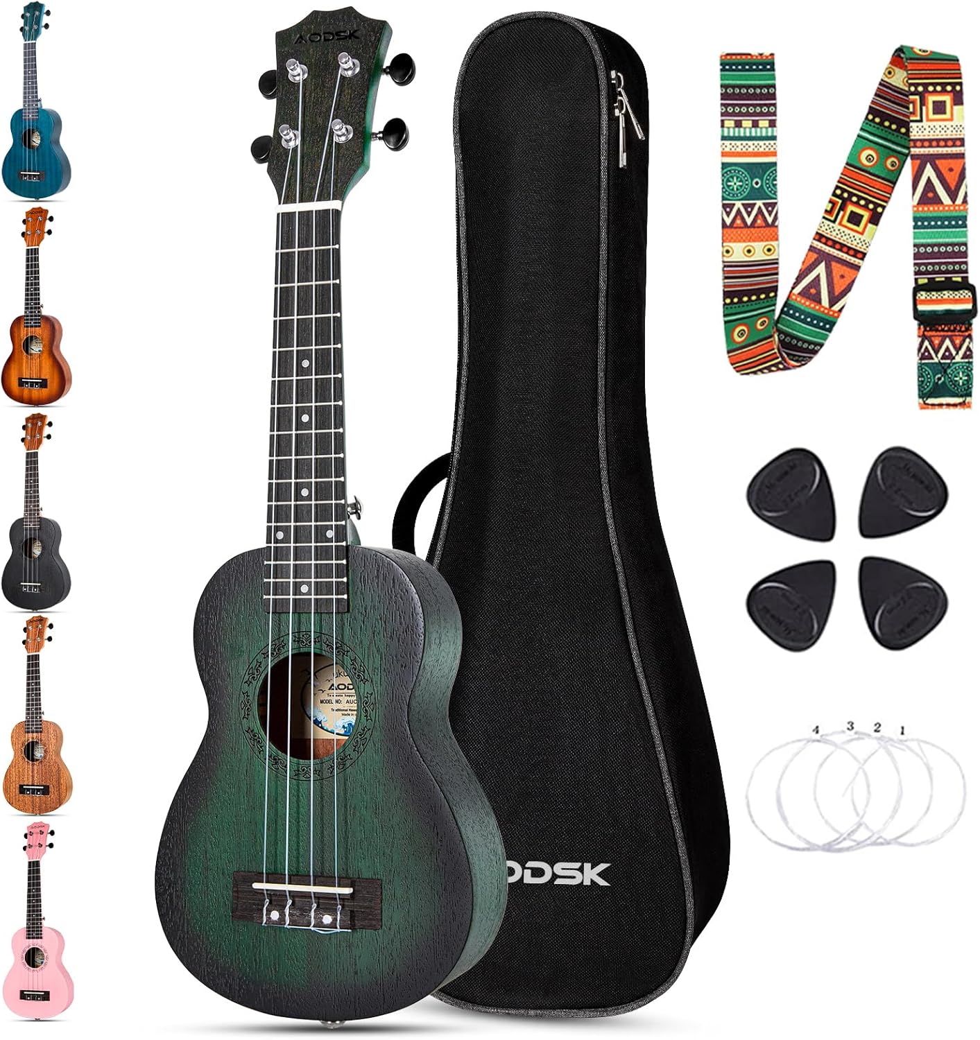 AODSK Concert Green Ukulele for Beginner 23 Inch Uke with Gig Bag Strap Nylon String 4 Picks Holiday Gift