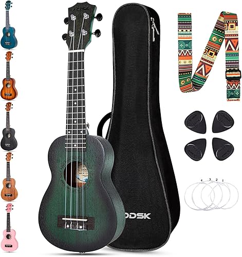 Miniatura 39 de AODSK Ukelele soprano para principiantes, kit de ukelele de 21 pulgadas con bolsa de concierto, correa, sintonizador de cuerda de nailon, 4 púas