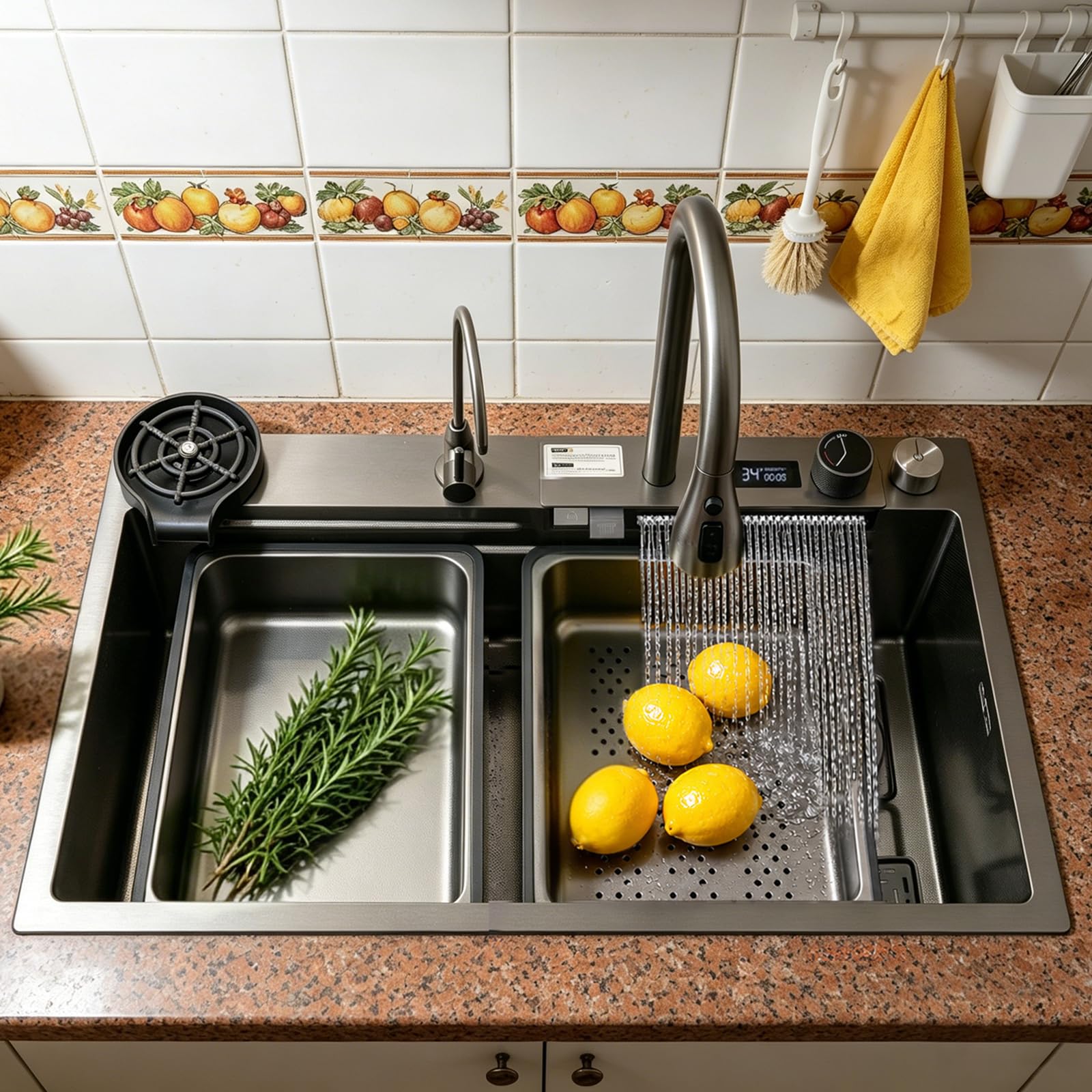 DSMRLEOP Black Waterfall 85 x 45 cm Stainless Steel Sink, Multifunctional Waterfall Sink - Single Bowl Workplace Sink with Pull-Out Tap, Siphon, Overl — image 1