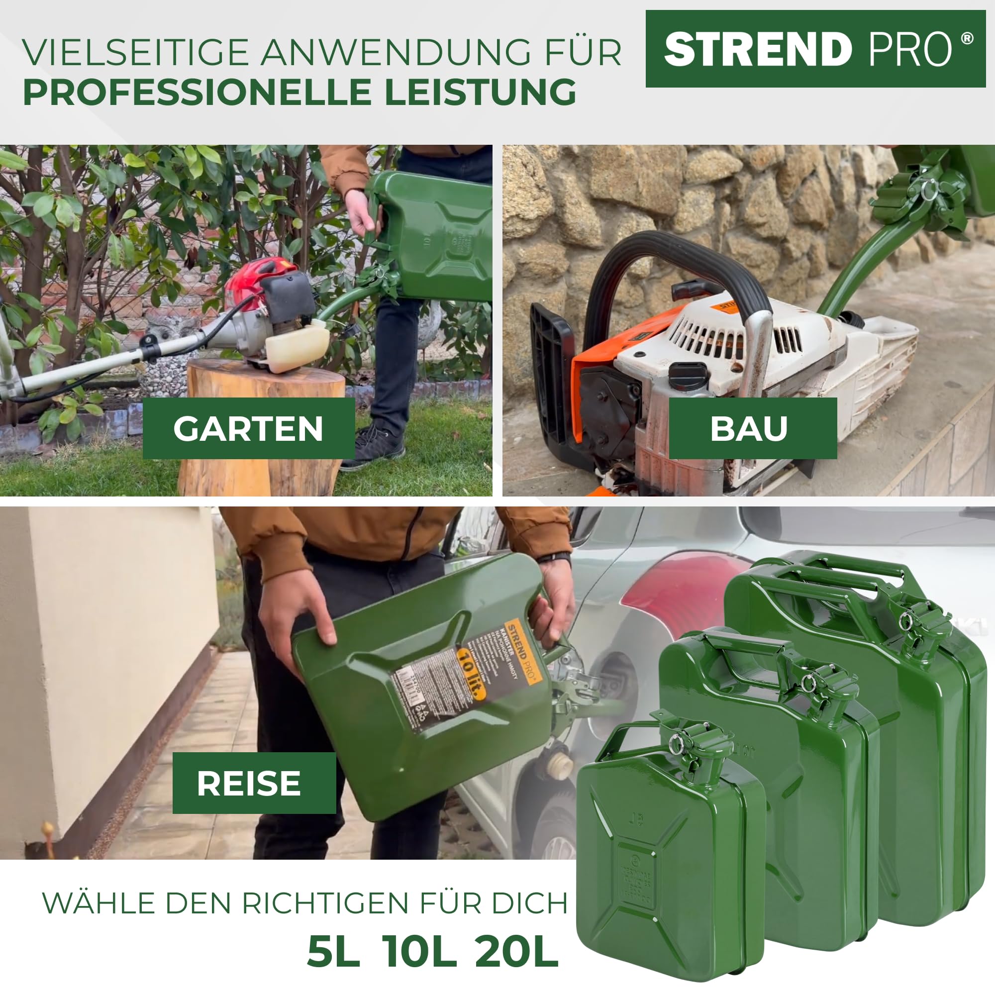 STREND PRO Benzinkanister 20l Metall | Robuster Kanister 20 liter für Benzin & Diesel | Kraftstoffkanister | Dieselkanister für Reserve | Kombikanister motorsäge | Grün mit UN-Zulassung | Benzintank - 5