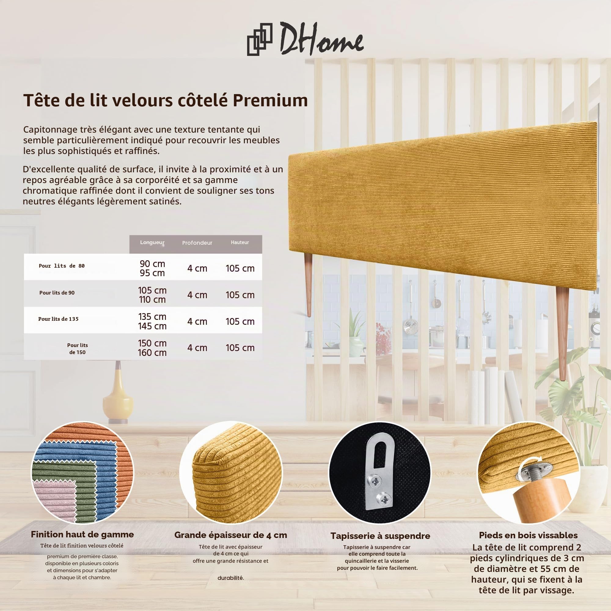 DHOME Tête de Lit en Velours Côtelé Uni avec Pieds, Haute Gamme Moderne, Tête de Lit Capitonnée, Lit de Luxe, Chambre, Rembourrée (Moutarde, 145cm)