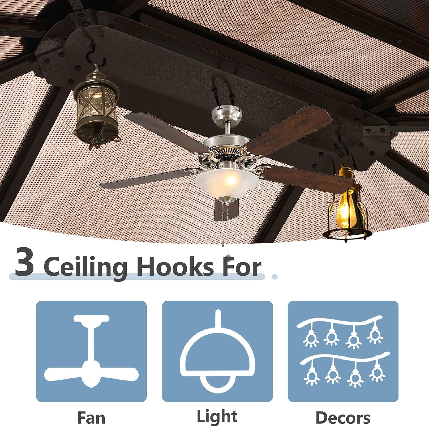 Image showing three ceiling hooks inside the gazebo for hanging fans, lights, and decorations.